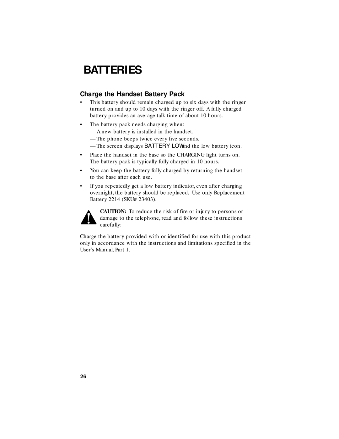 AT&T 1455 user manual Batteries, Charge the Handset Battery Pack 