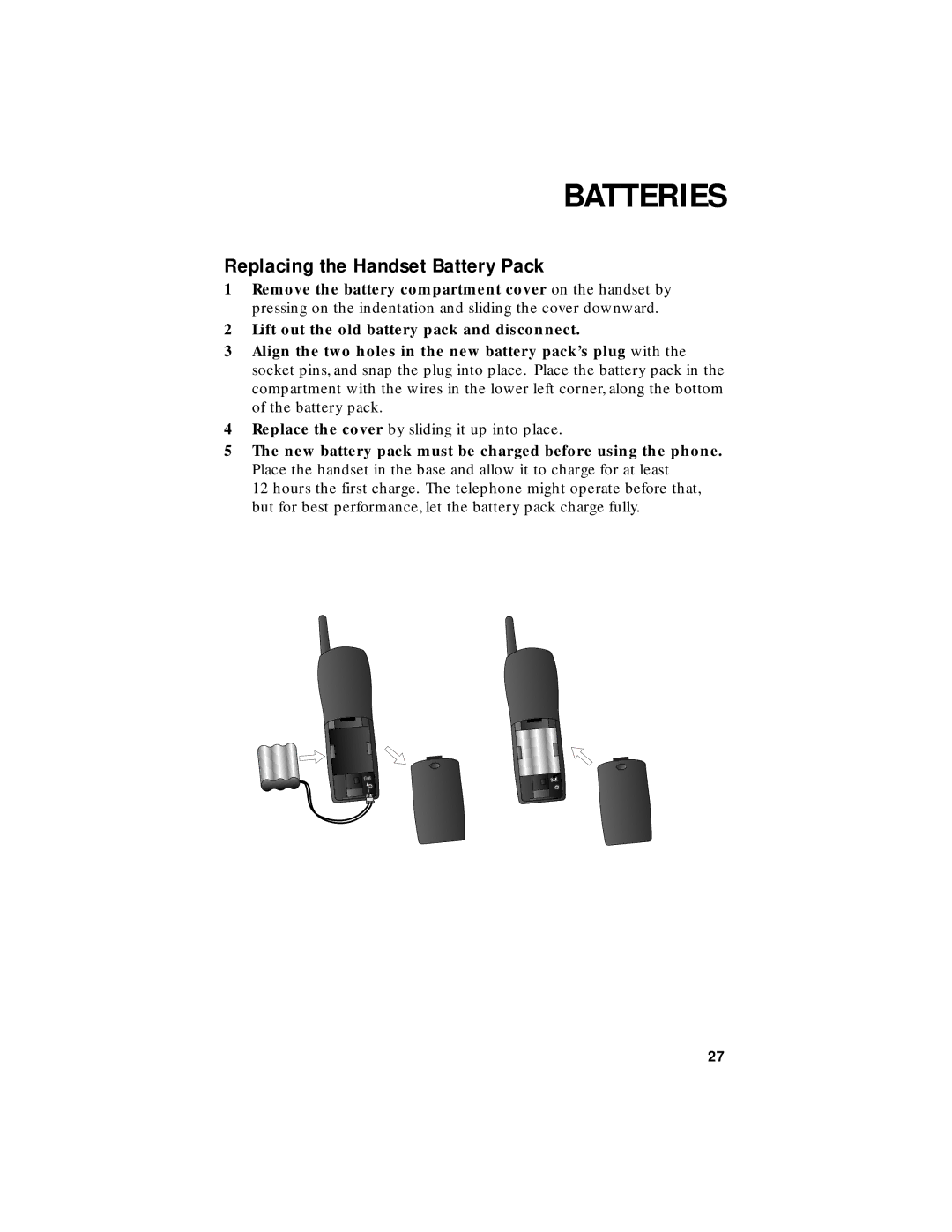 AT&T 1455 user manual Replacing the Handset Battery Pack 