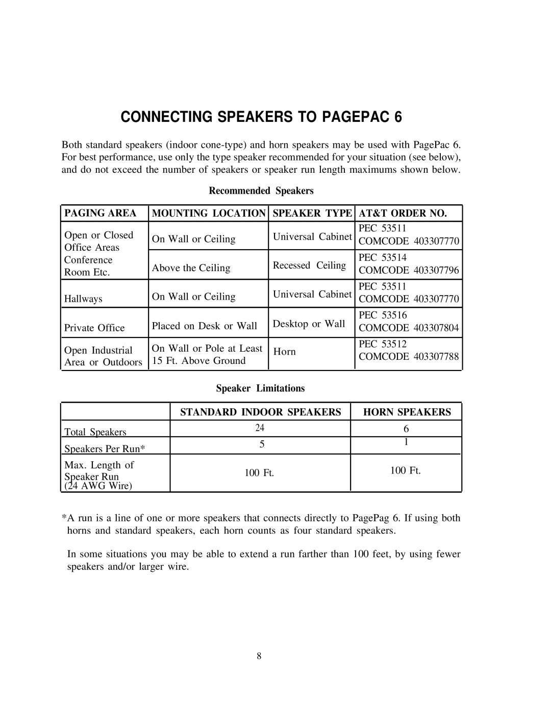 AT&T 146 Connecting Speakers to Pagepac, Paging Area, Speaker Type AT&T Order no, Standard Indoor Speakers Horn Speakers 