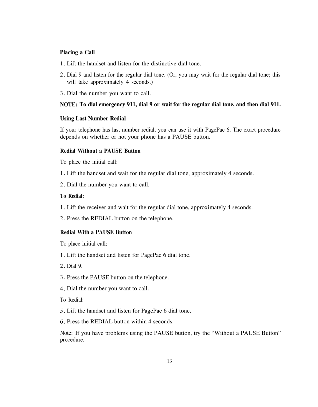 AT&T 146 Placing a Call, Using Last Number Redial, Redial Without a Pause Button, To Redial, Redial With a Pause Button 