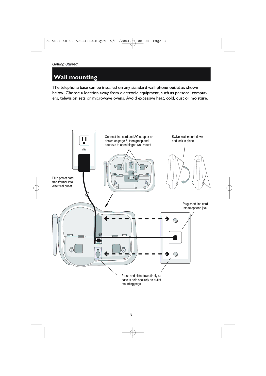 AT&T 1465 user manual Wall mounting, Connect line cord and AC adapter as 