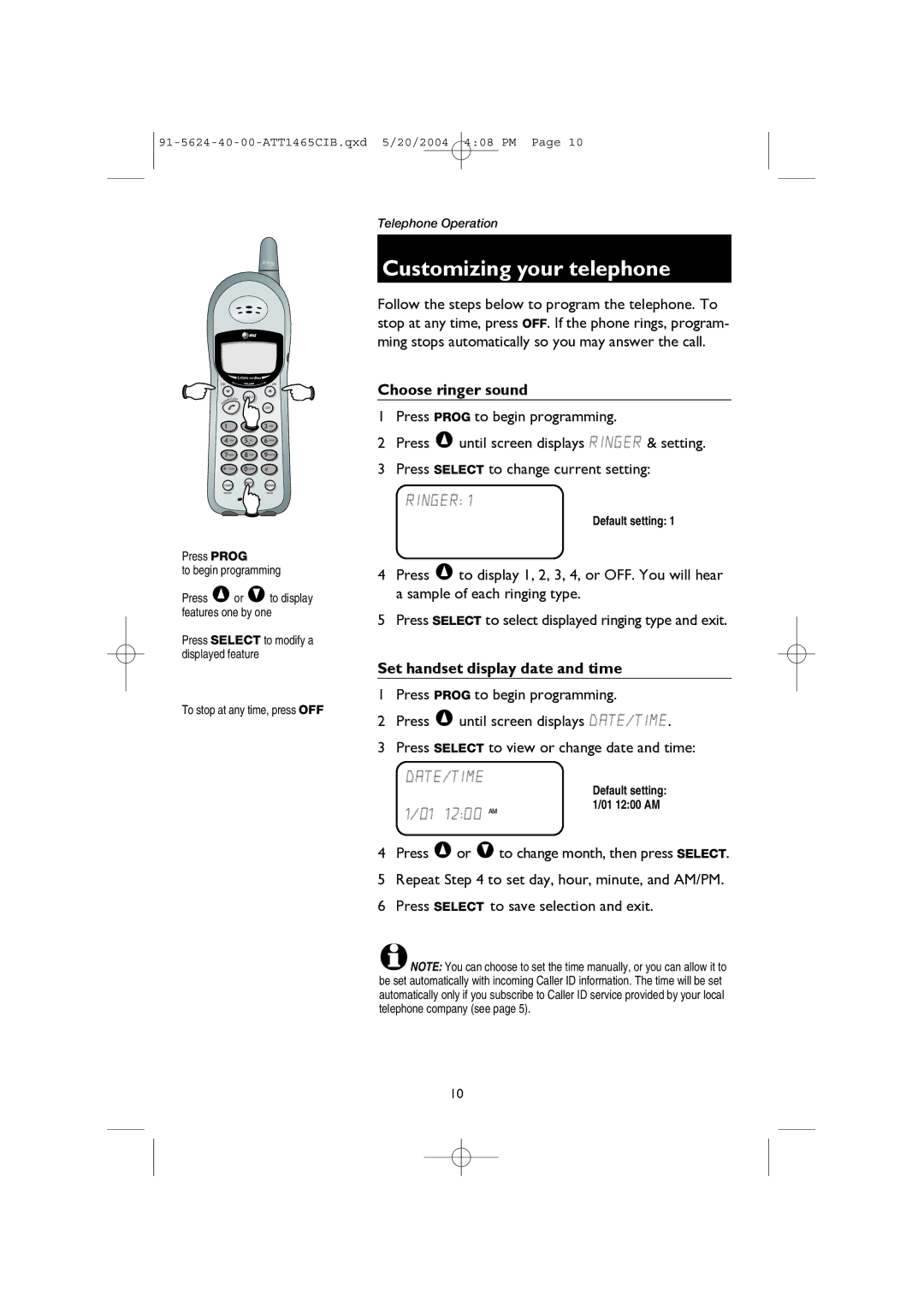 AT&T 1465 user manual Customizing your telephone, Choose ringer sound, Set handset display date and time 