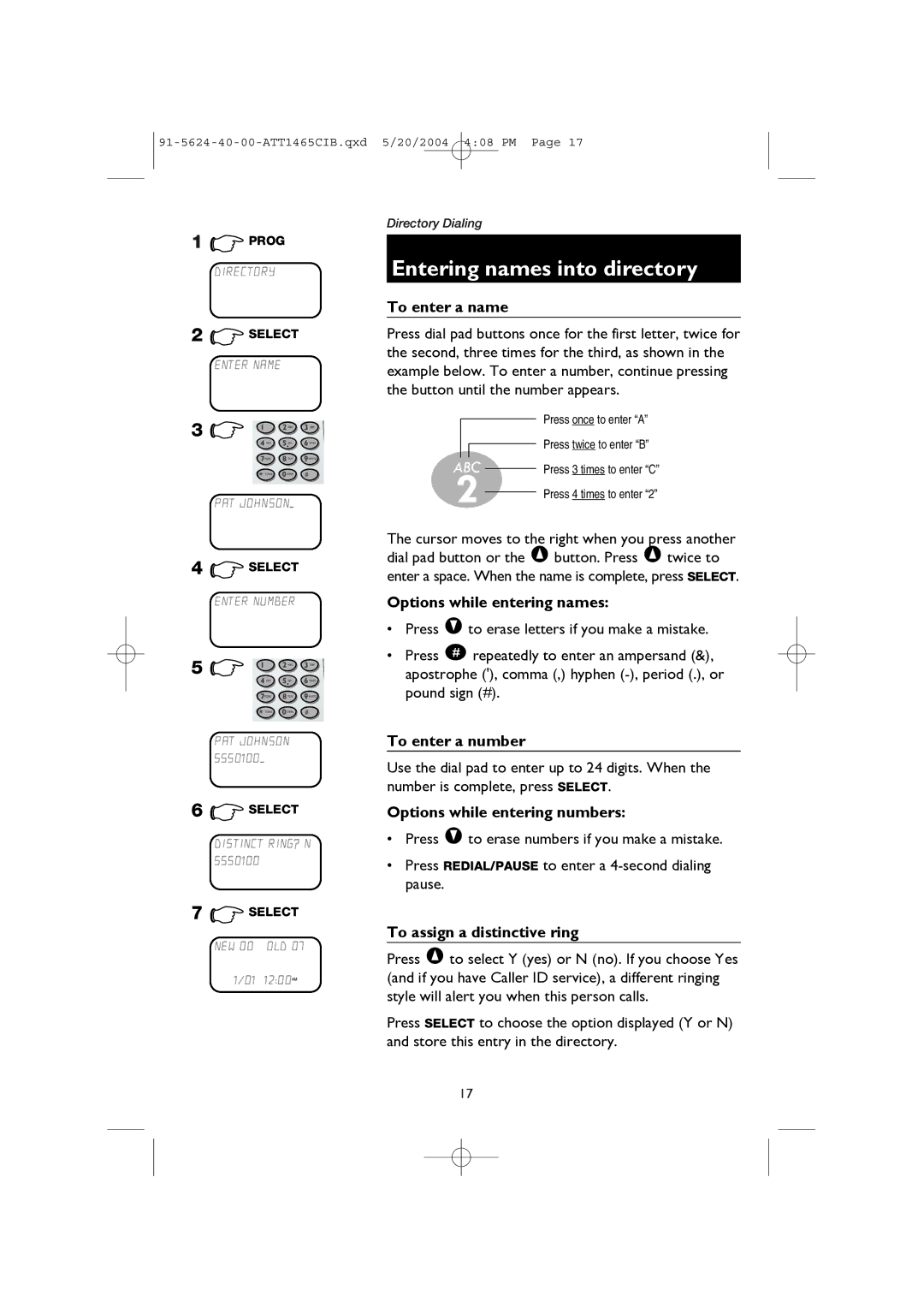 AT&T 1465 user manual Entering names into directory 