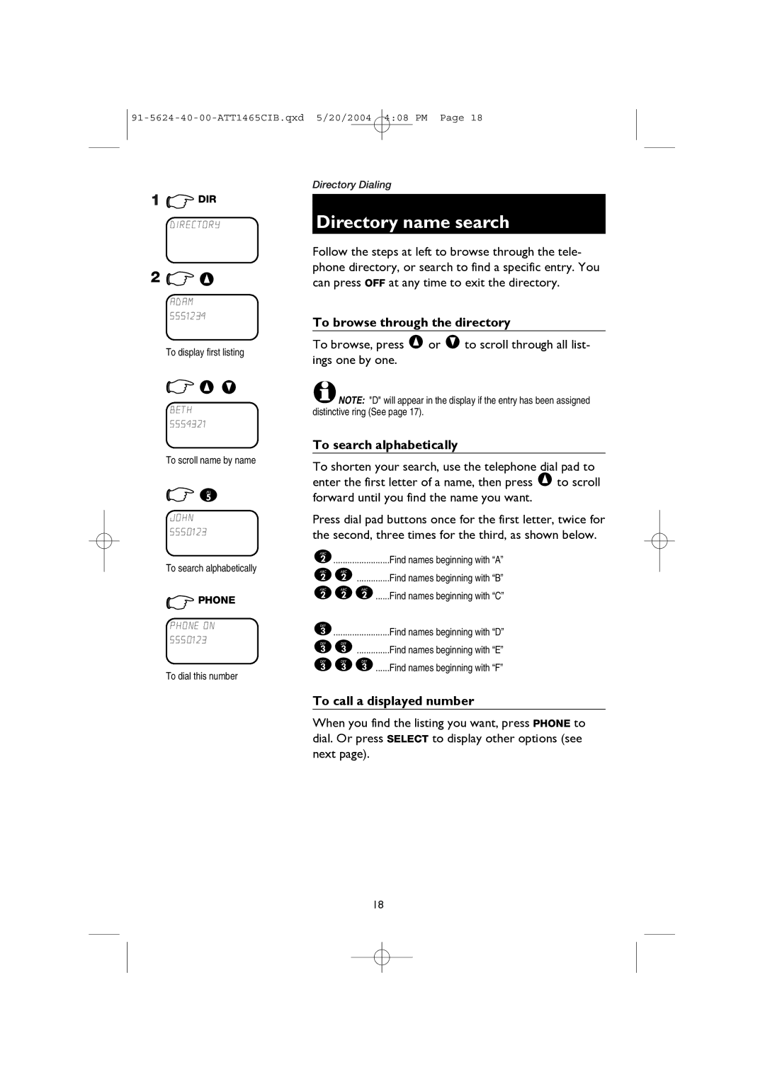 AT&T 1465 Directory name search, To browse through the directory, To search alphabetically, To call a displayed number 