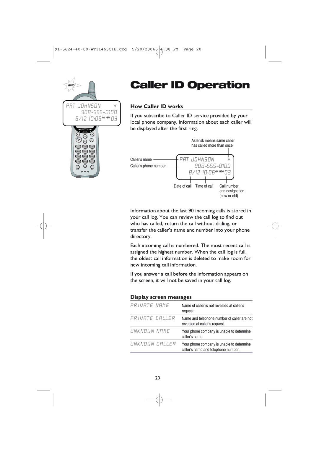 AT&T 1465 user manual How Caller ID works, Display screen messages 