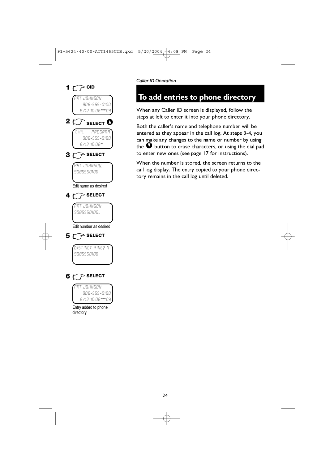 AT&T 1465 To add entries to phone directory, Edit name as desired, Edit number as desired, Entry added to phone directory 