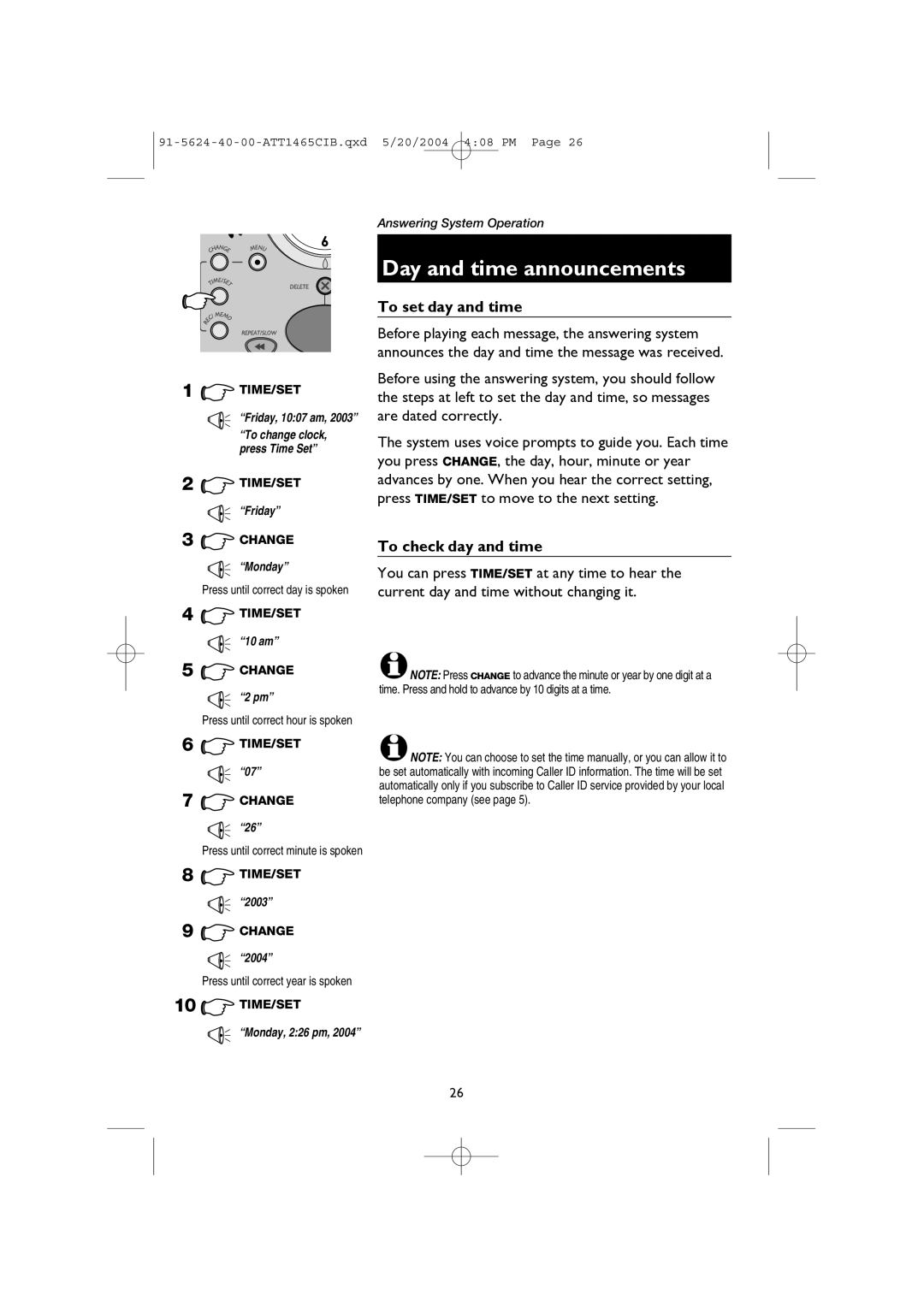 AT&T 1465 Day and time announcements, To set day and time, To check day and time, Press until correct minute is spoken 