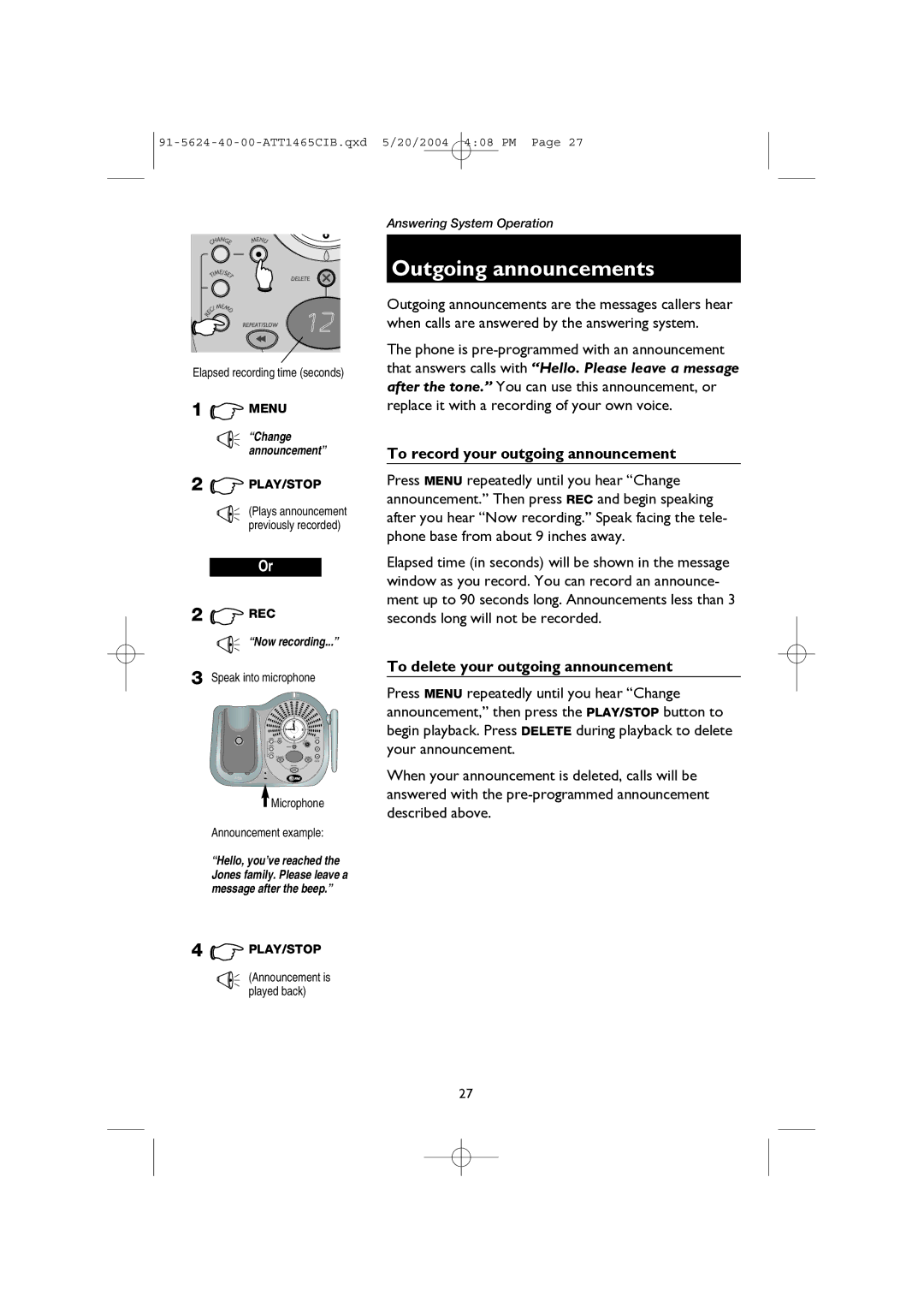 AT&T 1465 user manual Outgoing announcements, To record your outgoing announcement, To delete your outgoing announcement 