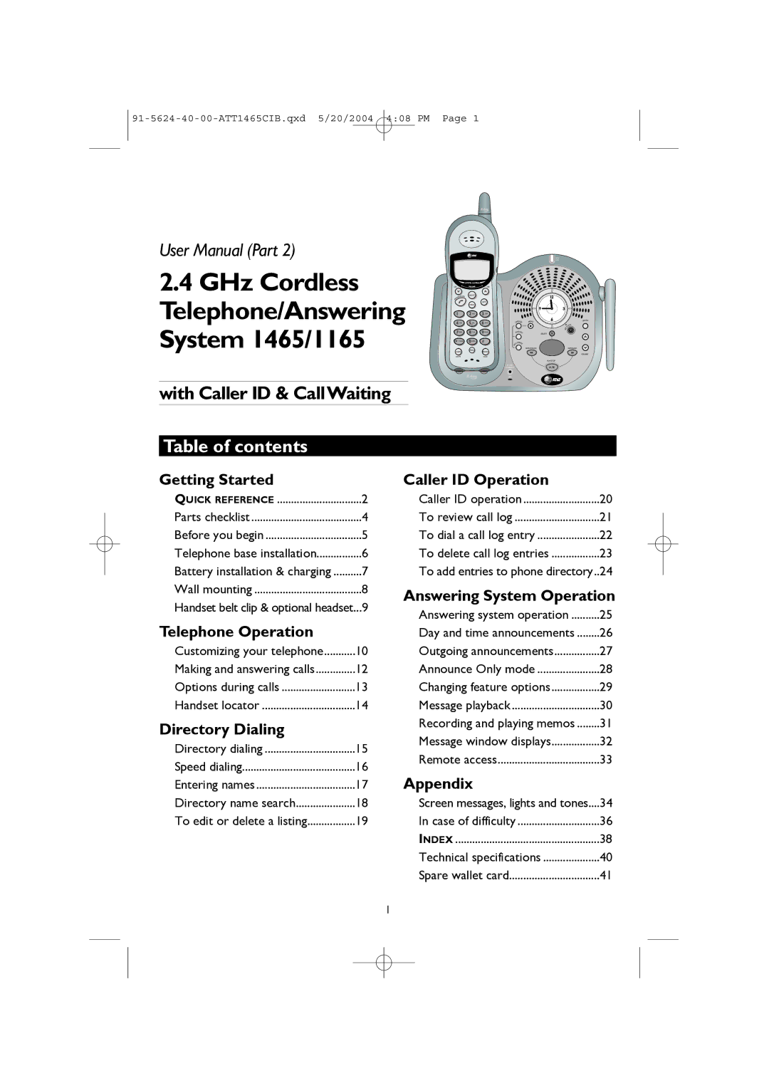 AT&T user manual GHz Cordless Telephone/Answering System 1465/1165, Table of contents 