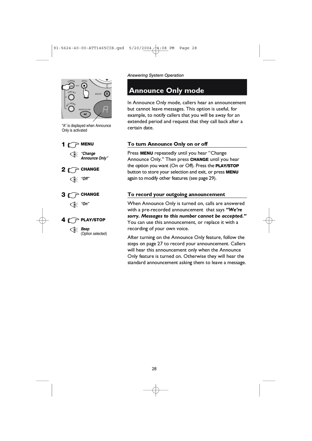 AT&T 1465 user manual Announce Only mode, To turn Announce Only on or off, Option selected 