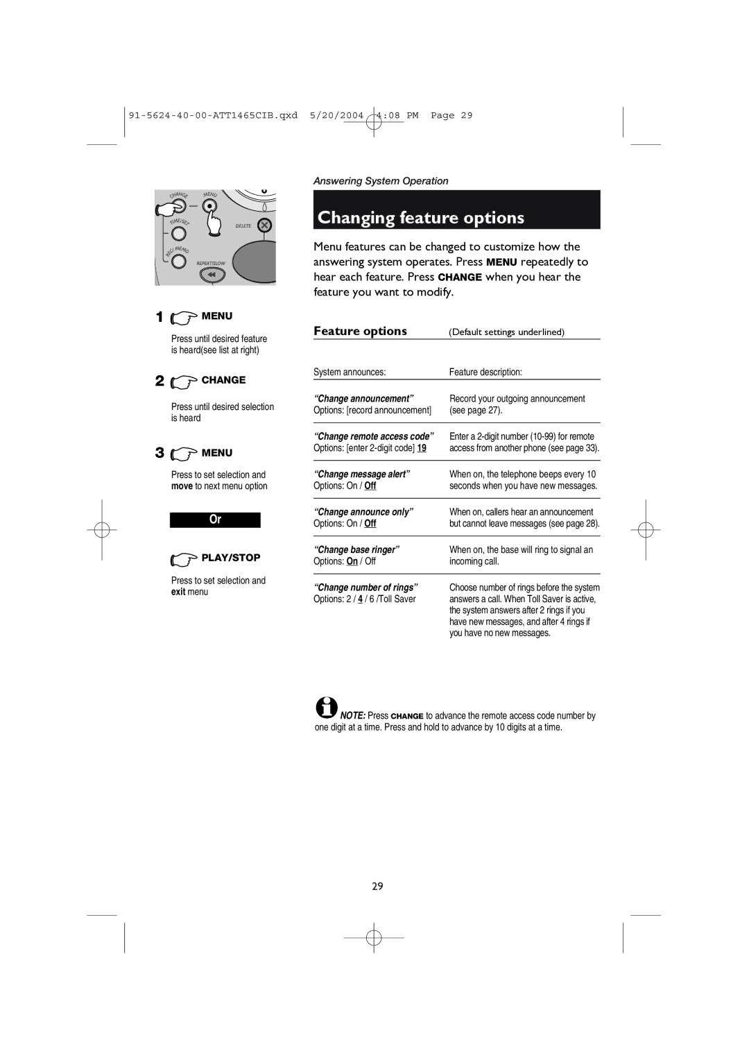 AT&T 1465 user manual Changing feature options, Feature options 