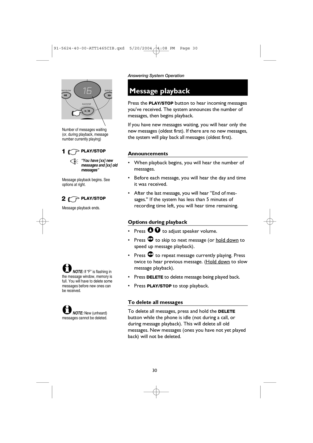 AT&T 1465 user manual Announcements, Options during playback, To delete all messages, Message playback ends 