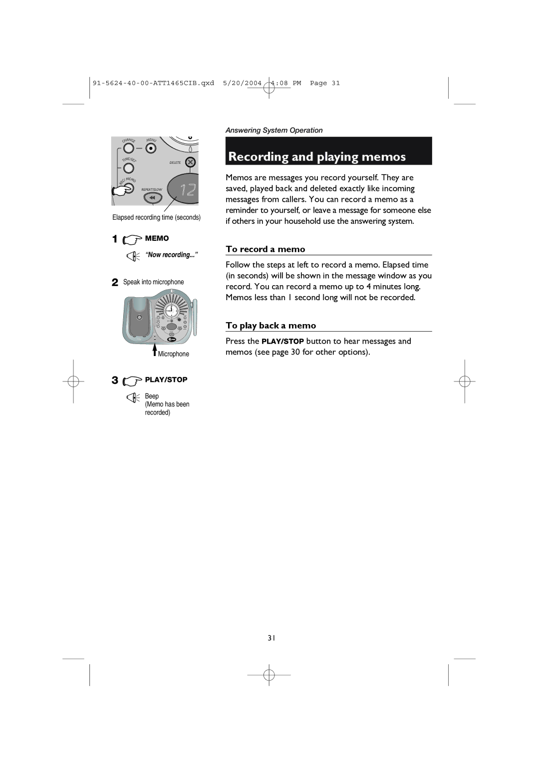 AT&T 1465 Recording and playing memos, To record a memo, To play back a memo, Speak into microphone Microphone, Beep 