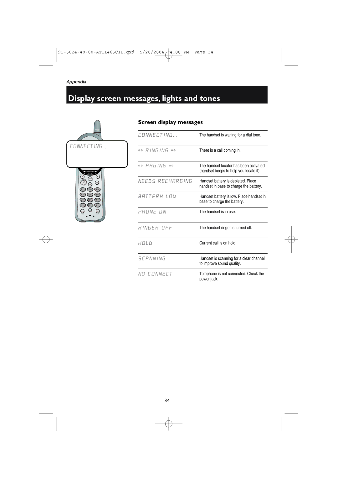 AT&T 1465 user manual Display screen messages, lights and tones, Screen display messages 