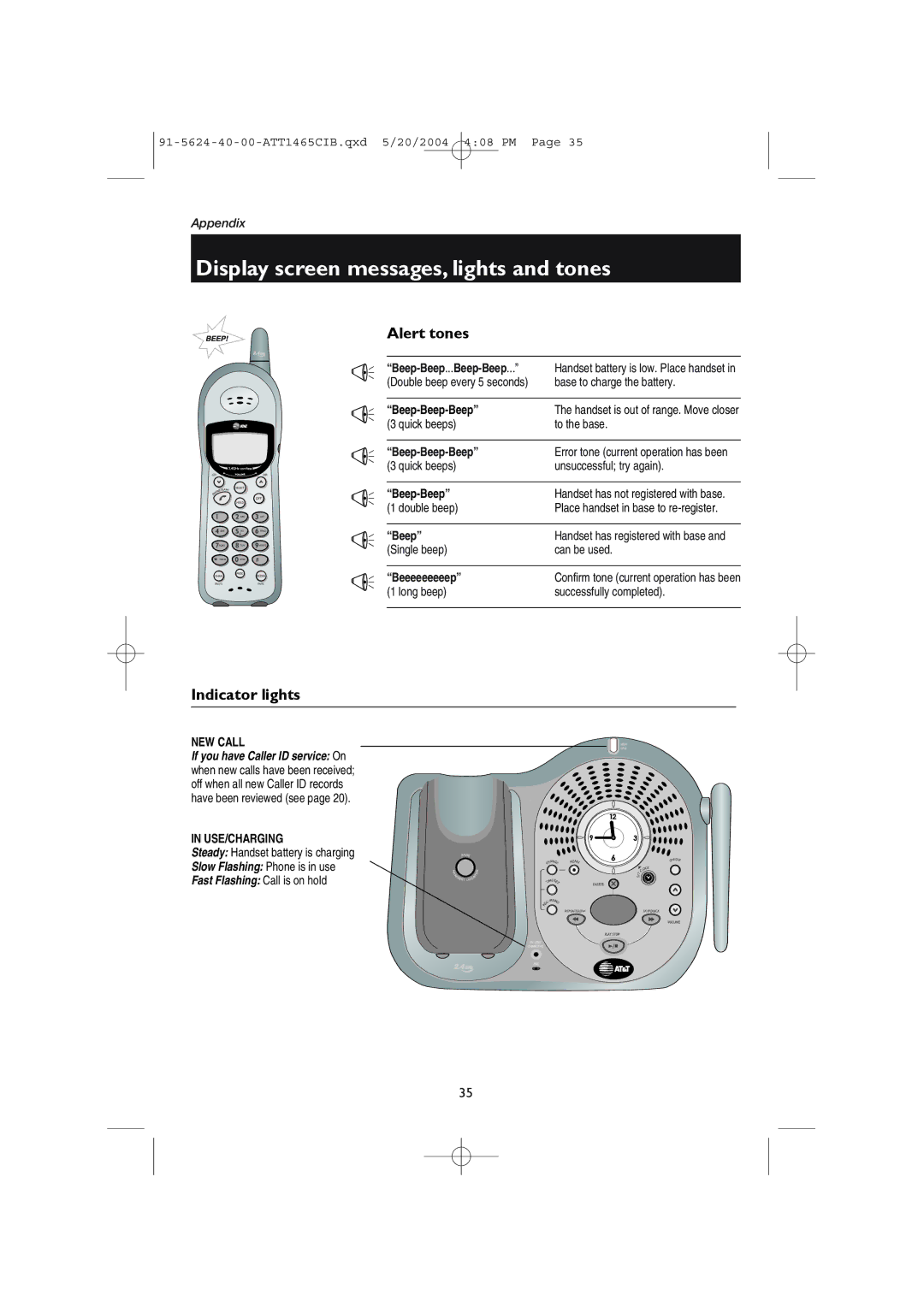 AT&T 1465 user manual Alert tones, Indicator lights 