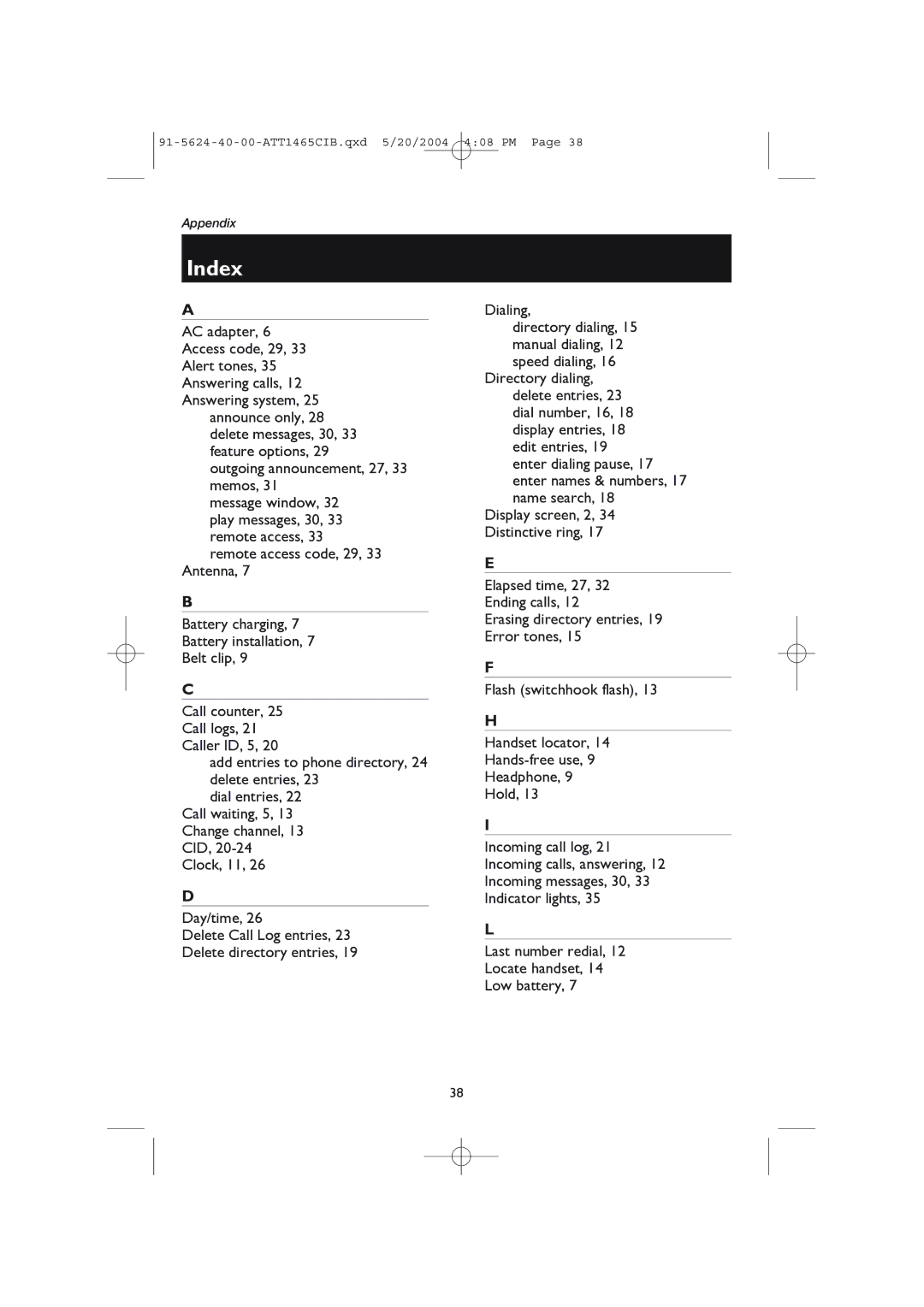 AT&T 1465 user manual Index 