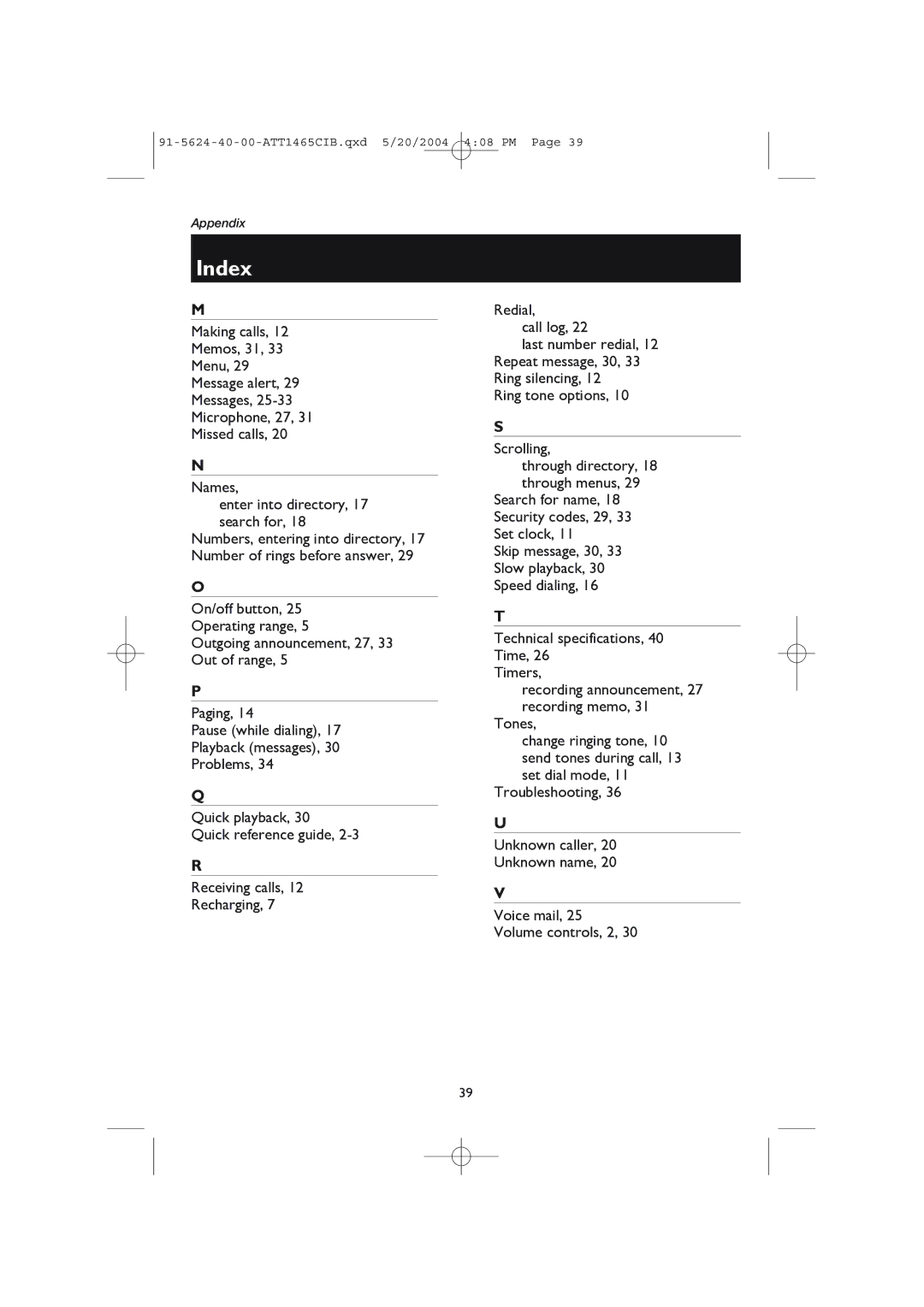 AT&T 1465 user manual Index 