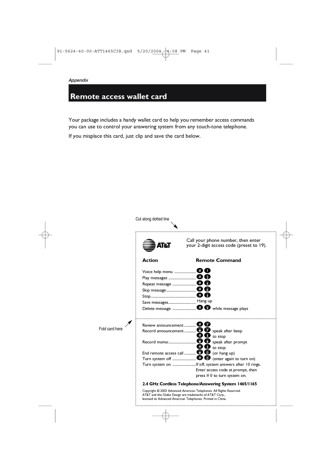 AT&T 1465 user manual Remote access wallet card, Cut along dotted line, Fold card here 