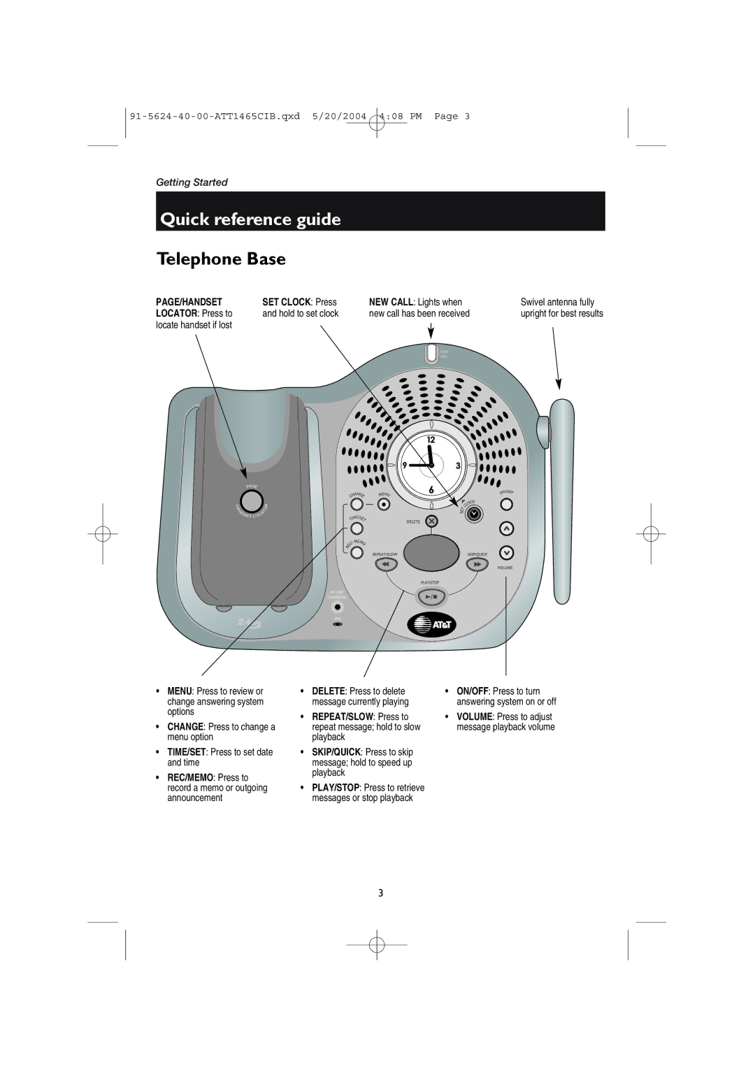 AT&T 1465 NEW Call Lights when, Locate handset if lost, SKIP/QUICK Press to skip message hold to speed up playback 