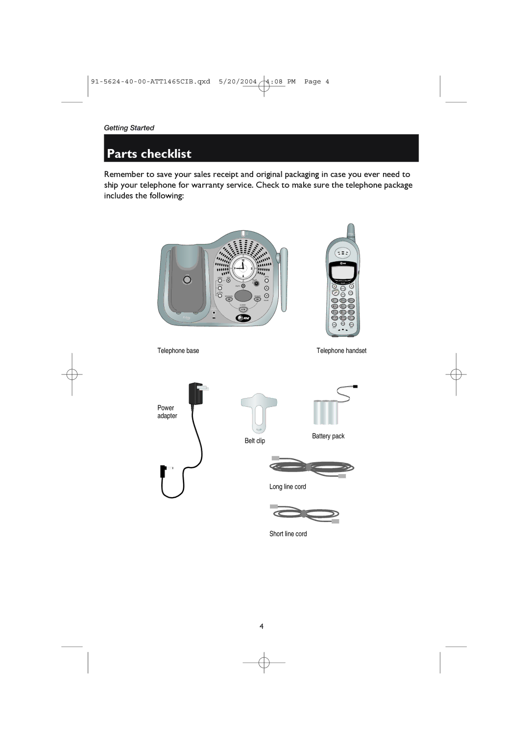 AT&T 1465 user manual Parts checklist, Telephone base, Belt clip Battery pack Long line cord Short line cord 