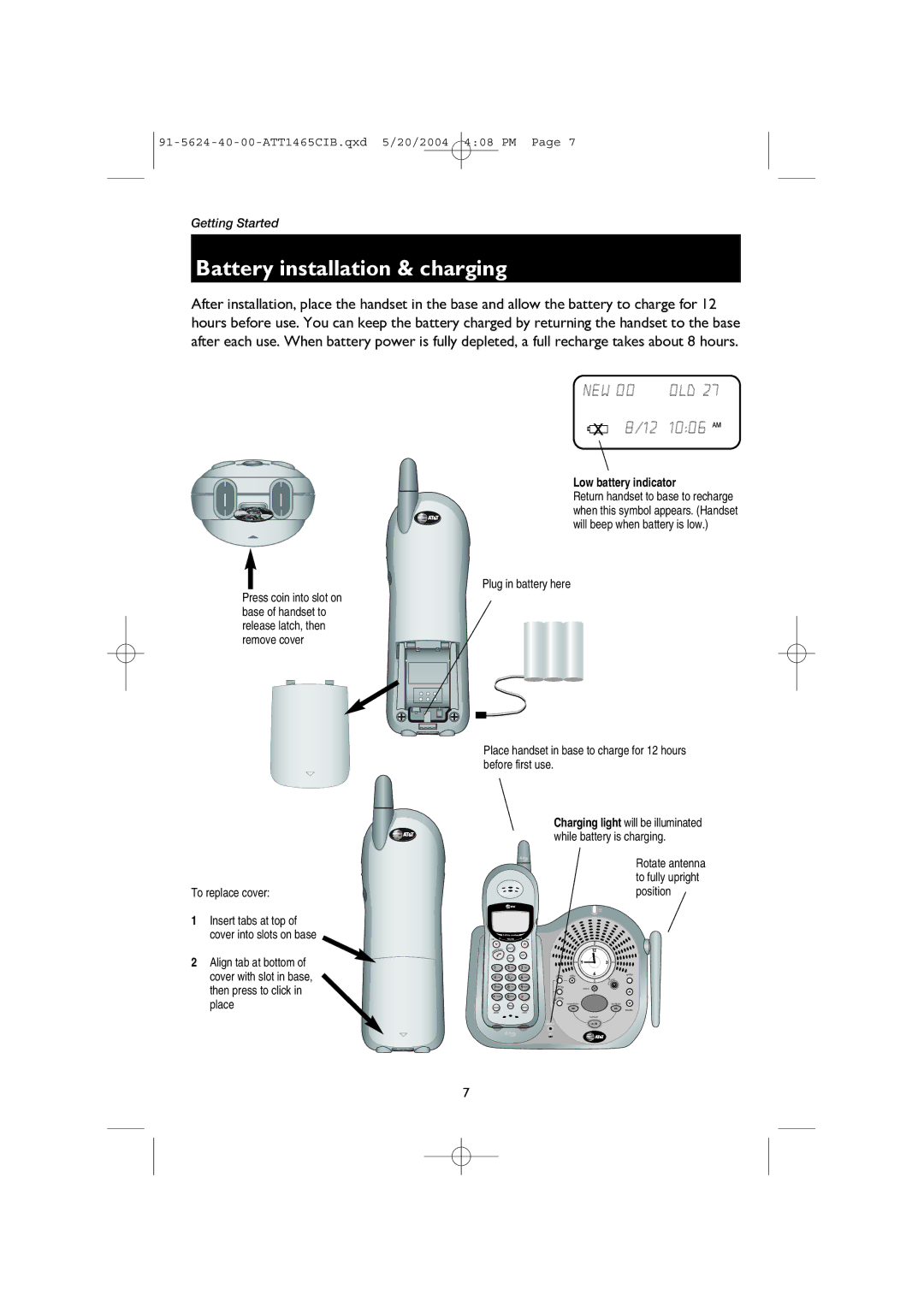 AT&T 1465 user manual Battery installation & charging, To replace cover 