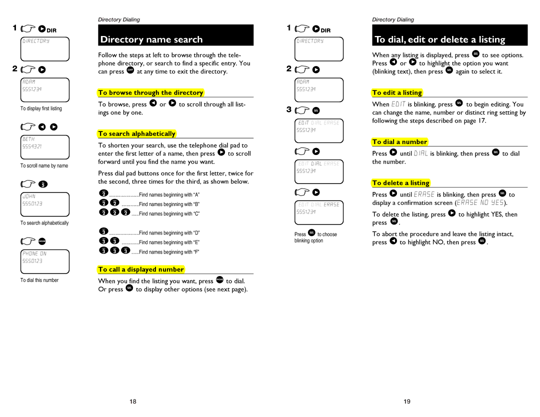 AT&T 1175, 1475 user manual Directory name search, To dial, edit or delete a listing 