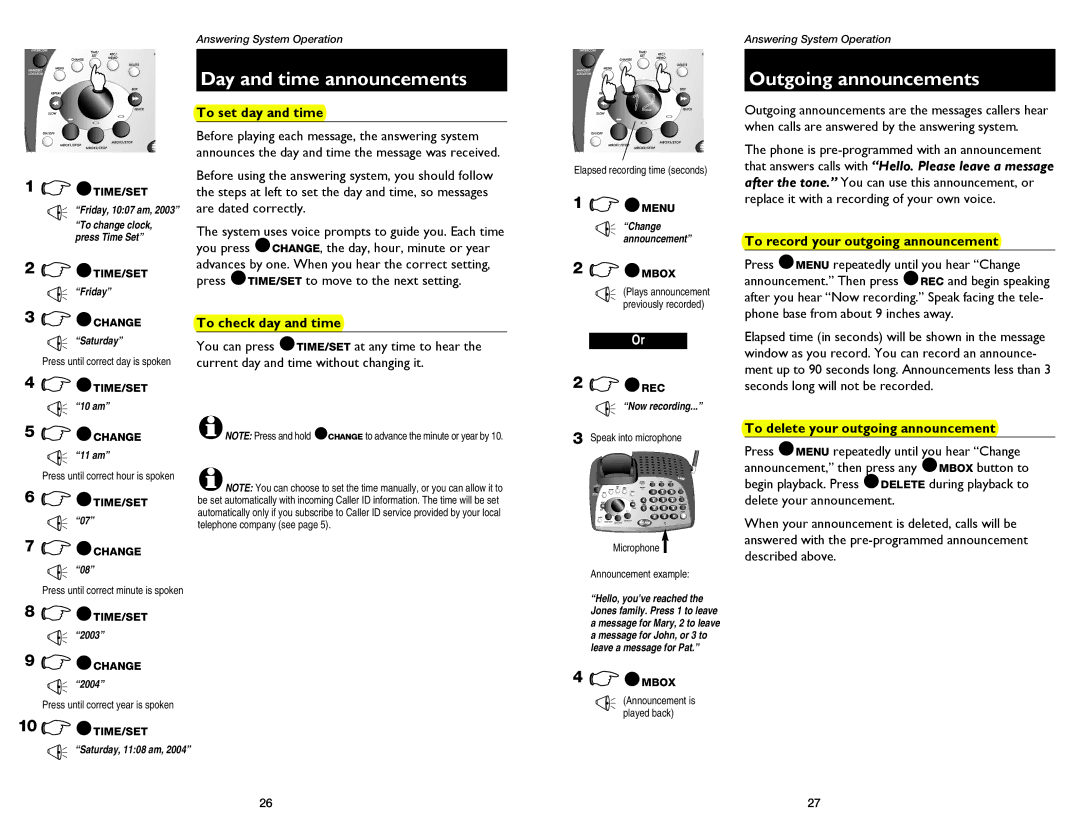 AT&T 1175, 1475 user manual Day and time announcements, Outgoing announcements 