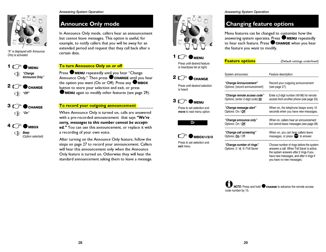 AT&T 1475, 1175 user manual Announce Only mode, Changing feature options, To turn Announce Only on or off, Feature options 