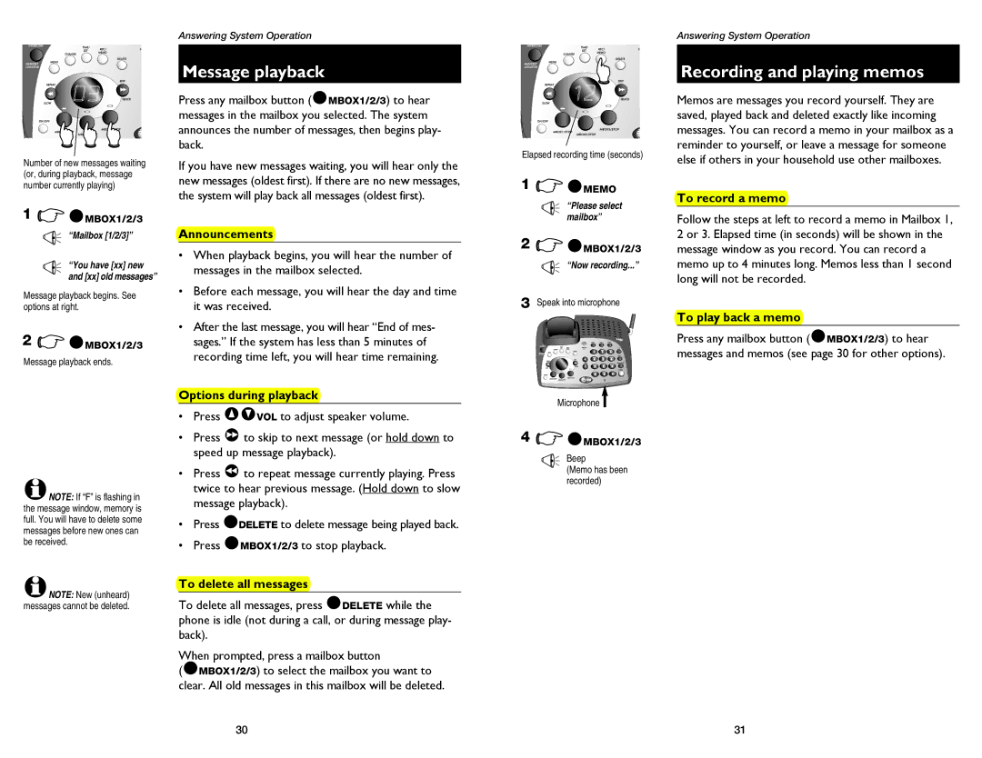 AT&T 1175, 1475 user manual Message playback, Recording and playing memos 