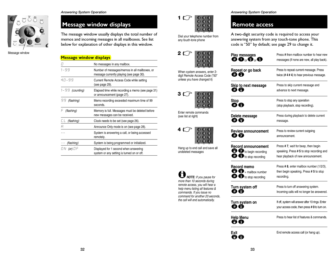 AT&T 1475, 1175 user manual Message window displays, Remote access 