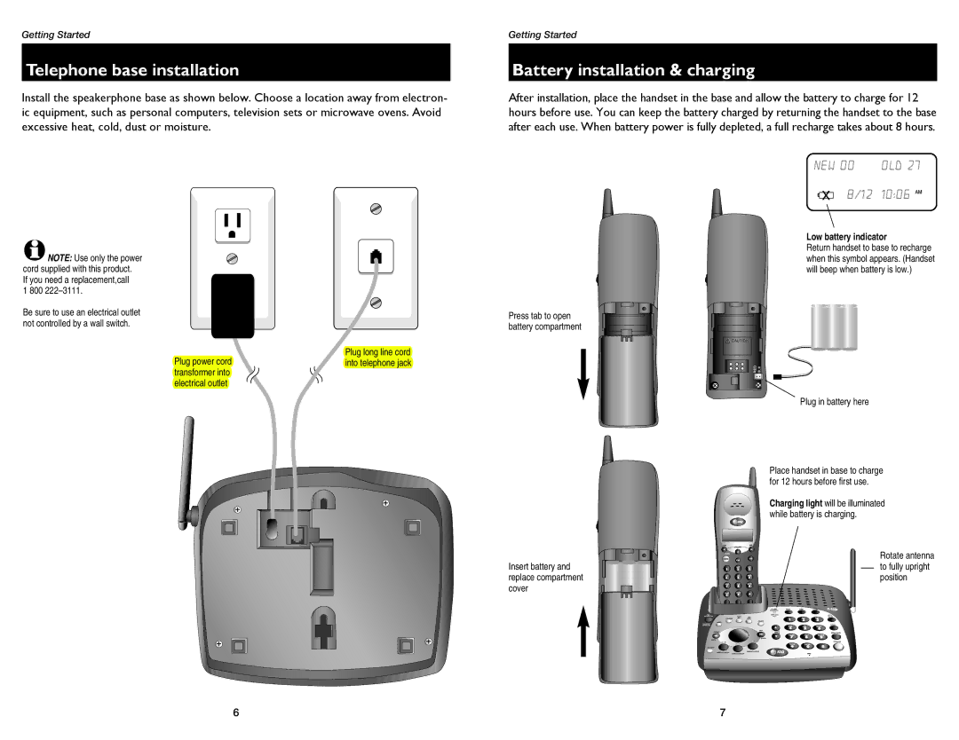 AT&T 1175, 1475 user manual Telephone base installation, Battery installation & charging, Low battery indicator 