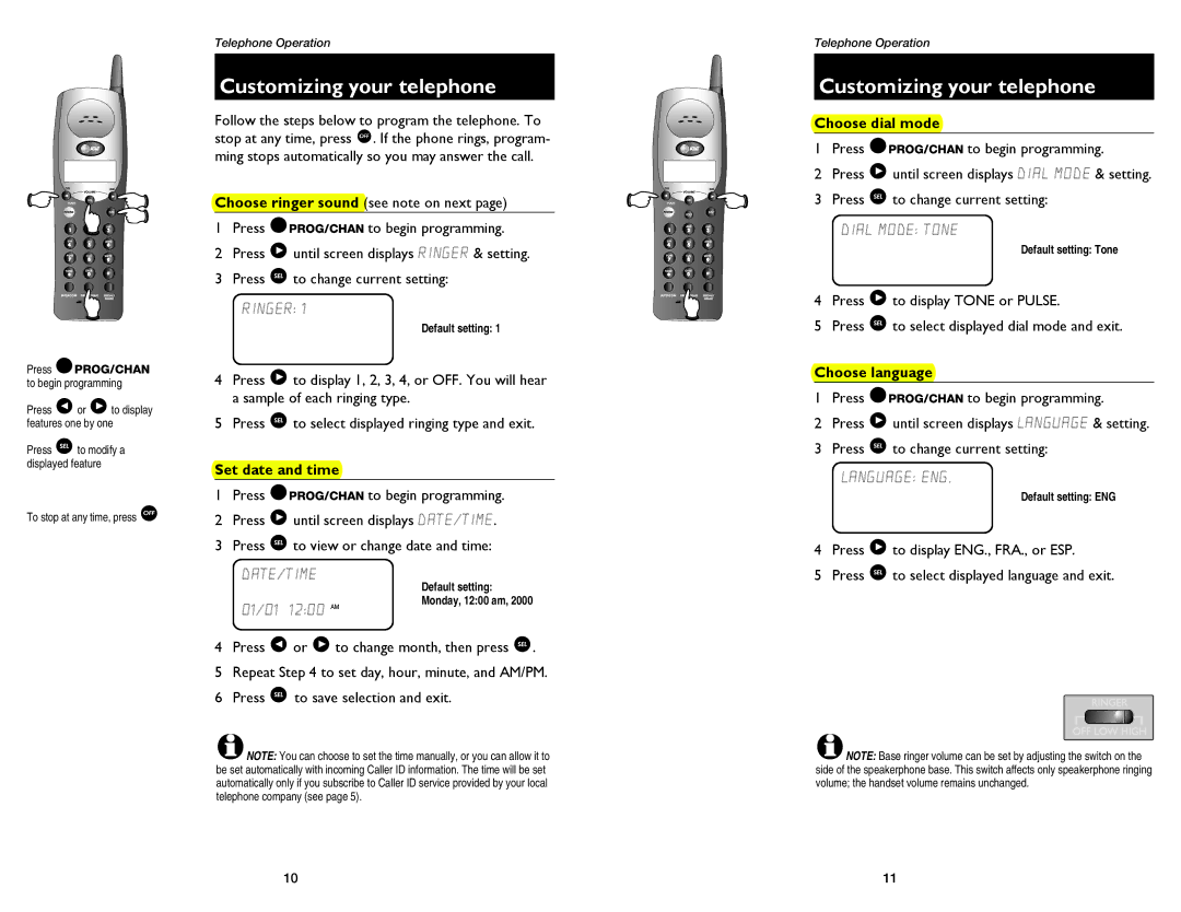 AT&T 1175, 1475 user manual Customizing your telephone, Set date and time, Choose dial mode, Choose language 