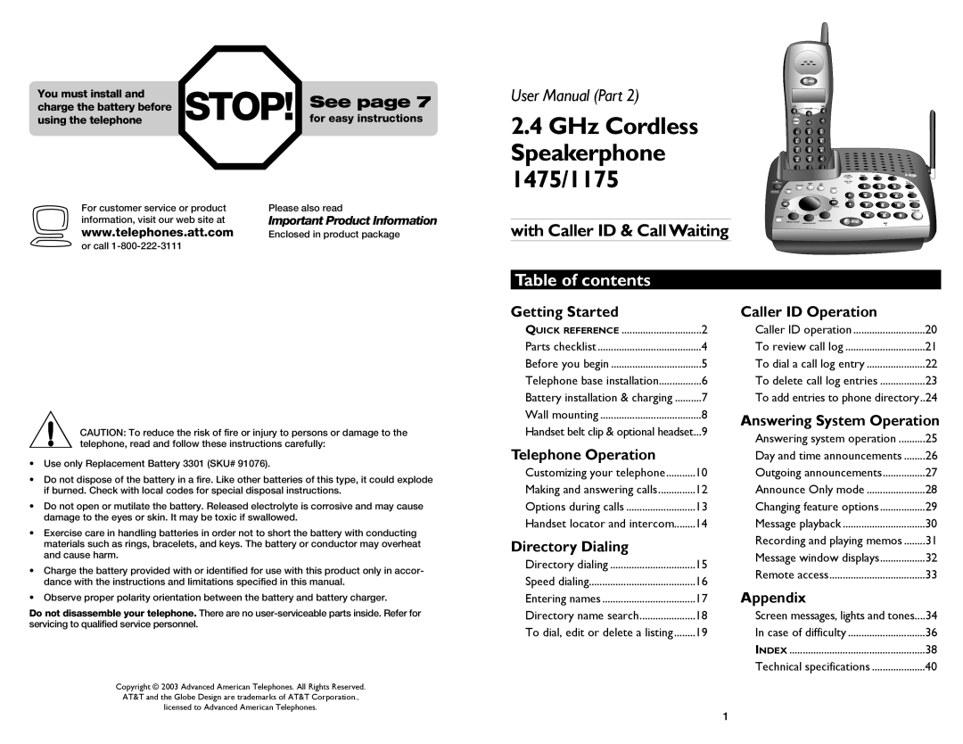 AT&T Table of contents, GHz Cordless Speakerphone 1475/1175, User Manual Part, with Caller ID & CallWaiting, See page 