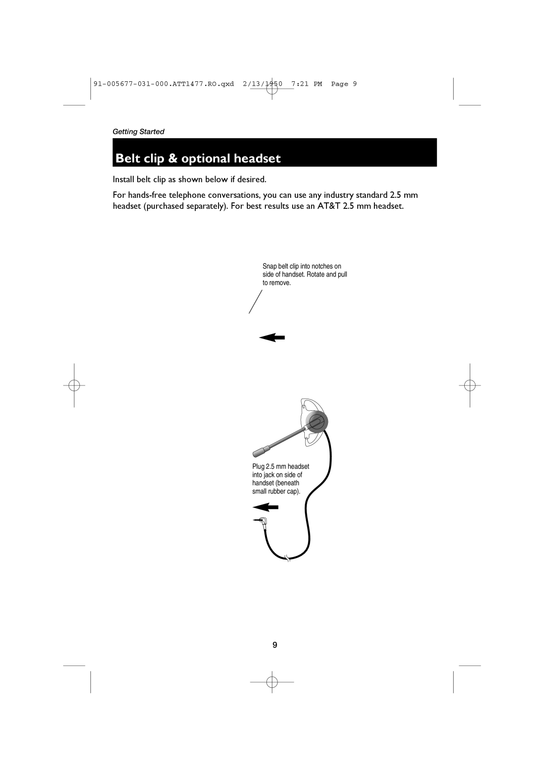 AT&T 1477 user manual Belt clip & optional headset, Install belt clip as shown below if desired 