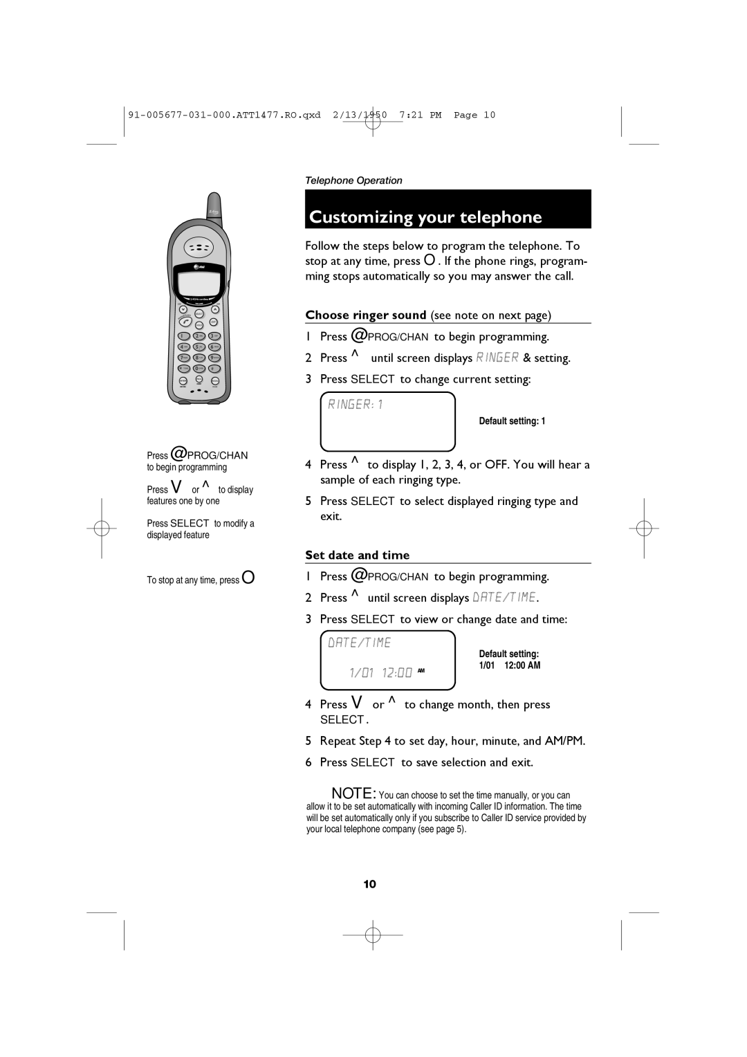 AT&T 1477 user manual Customizing your telephone, Ringer, Set date and time, Date/Time 