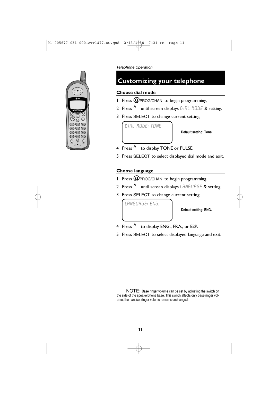 AT&T 1477 user manual Choose dial mode, Dial Mode Tone, Choose language, Language ENG 