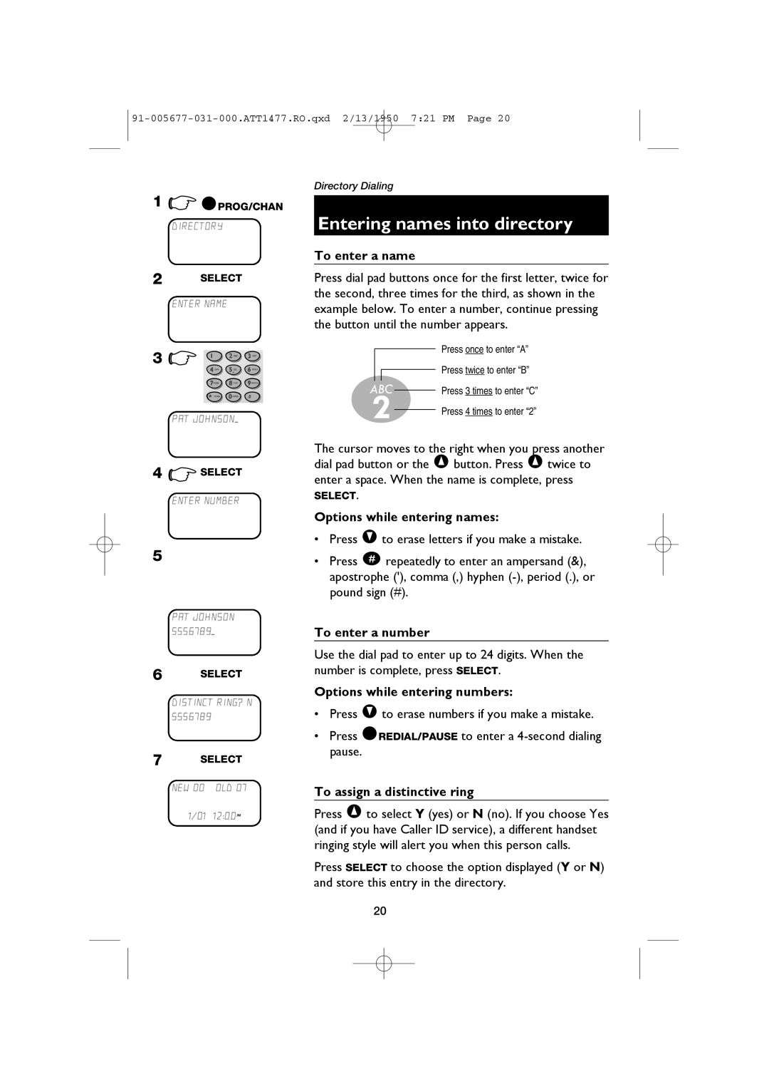 AT&T 1477 user manual Entering names into directory 