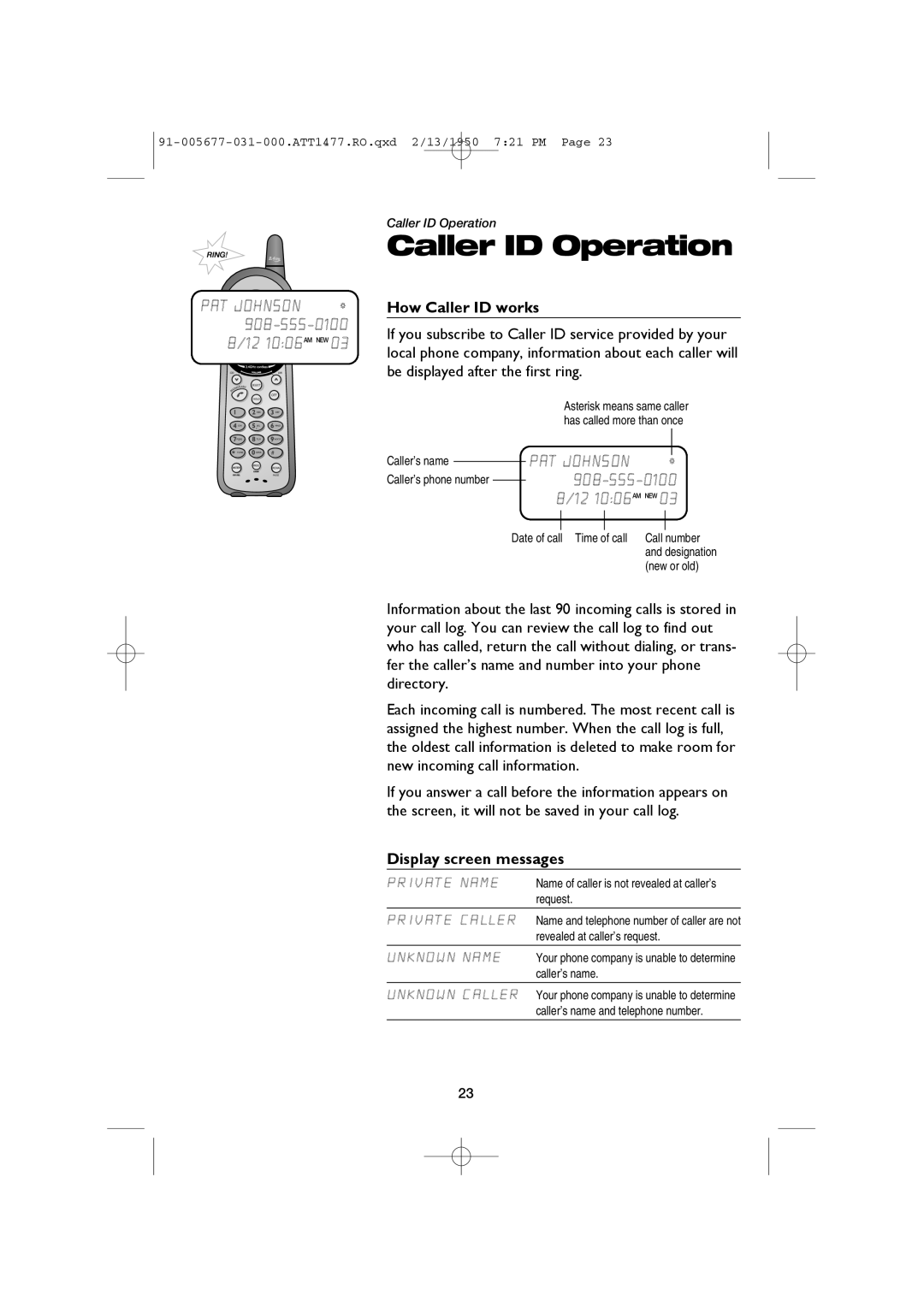 AT&T 1477 user manual How Caller ID works, PAT Johnson, Display screen messages 