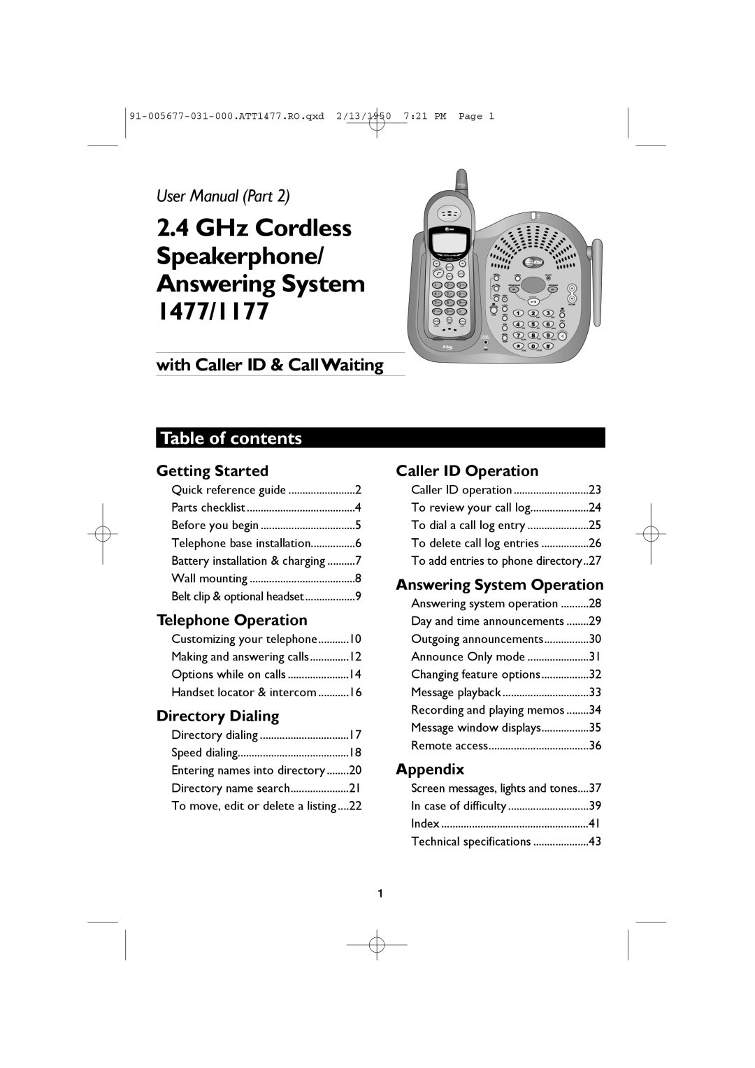 AT&T user manual GHz Cordless Speakerphone/ Answering System 1477/1177, Table of contents 