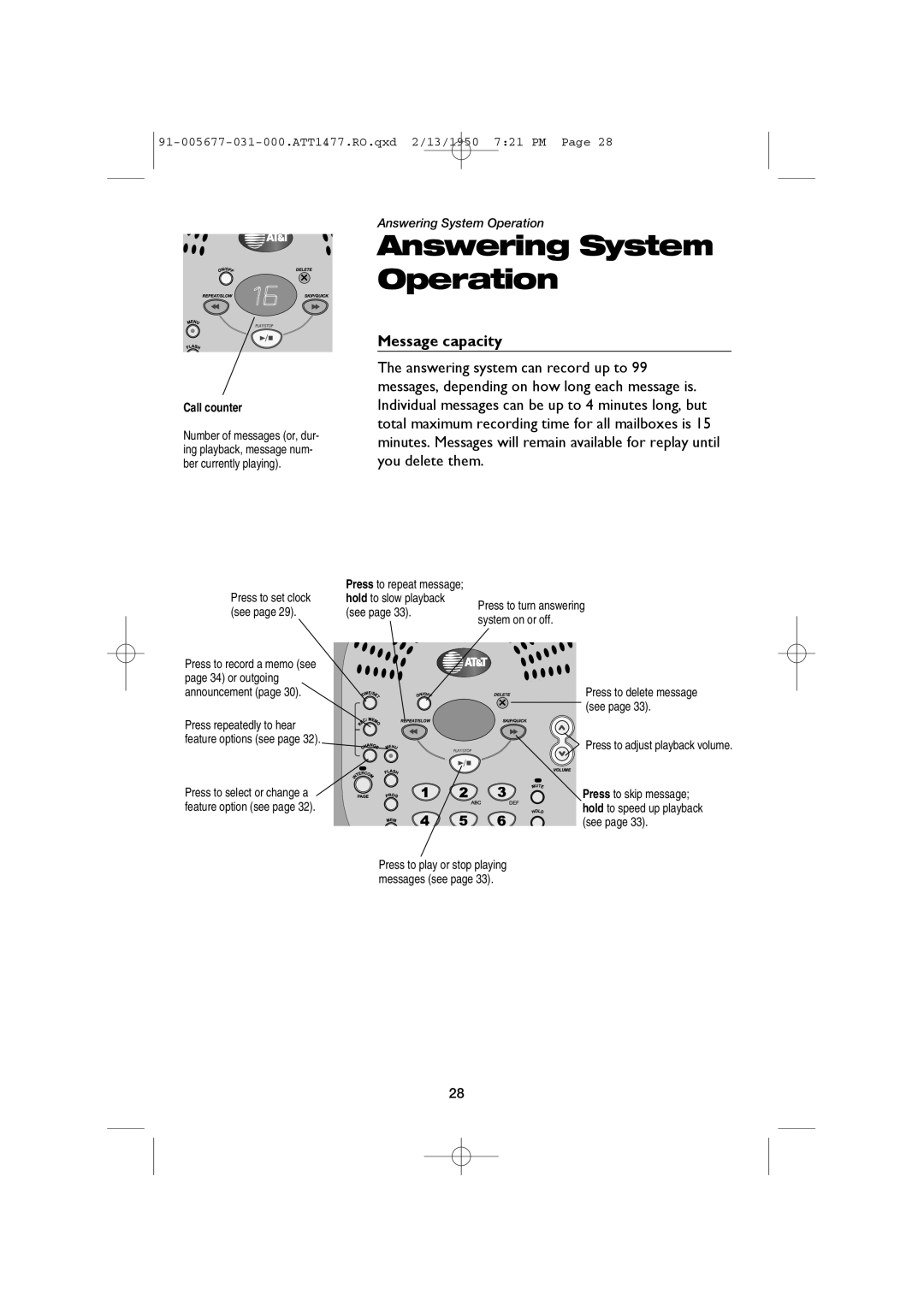 AT&T 1477 user manual Message capacity, Press to adjust playback volume 