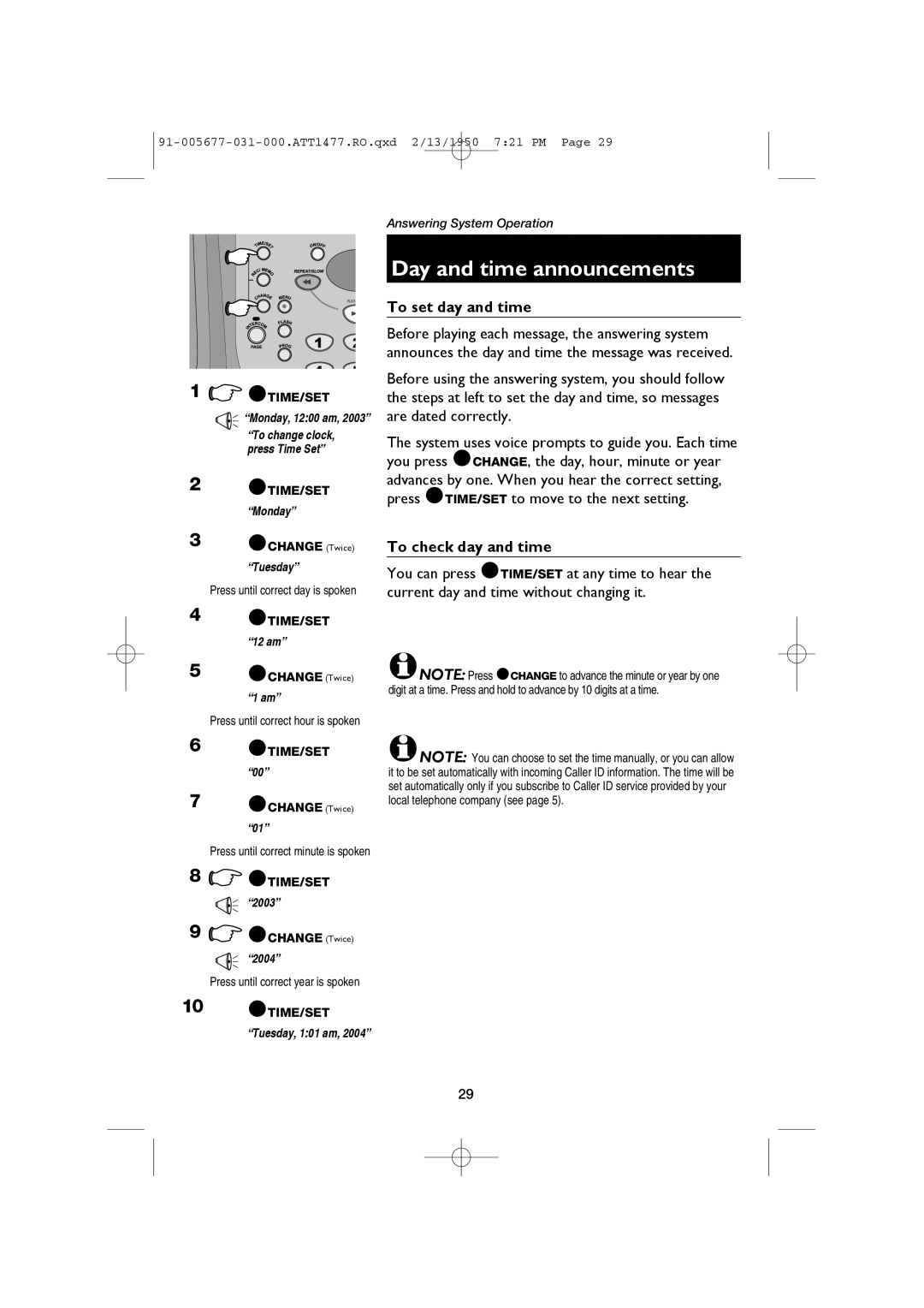 AT&T 1477 Day and time announcements, To set day and time, To check day and time, Press until correct minute is spoken 