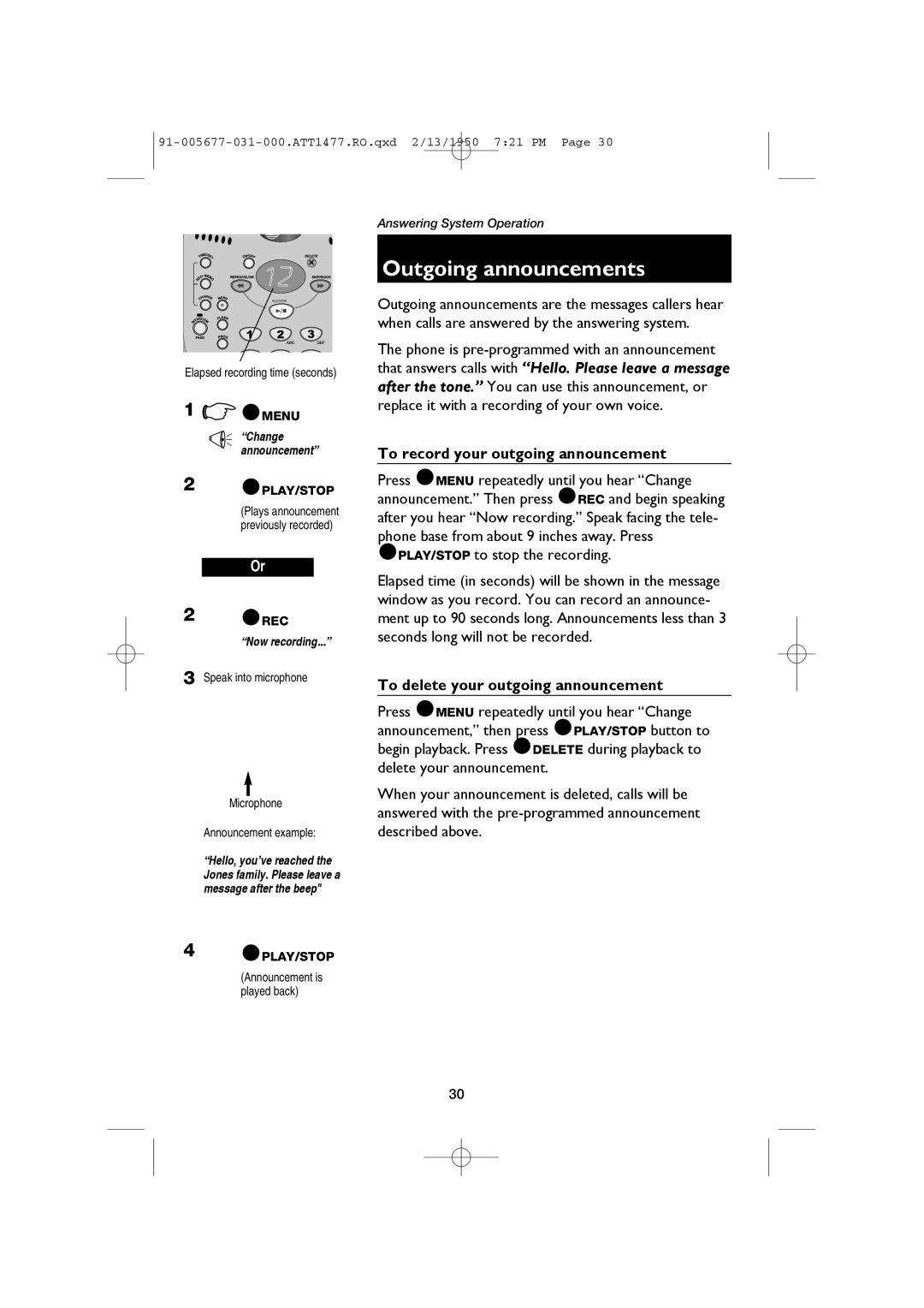 AT&T 1477 user manual Outgoing announcements, To record your outgoing announcement, To delete your outgoing announcement 