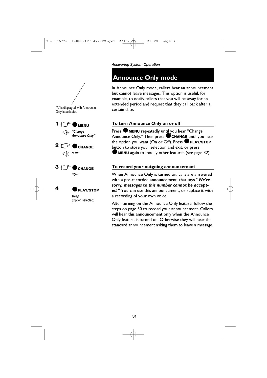 AT&T 1477 user manual Announce Only mode, To turn Announce Only on or off, Option selected 