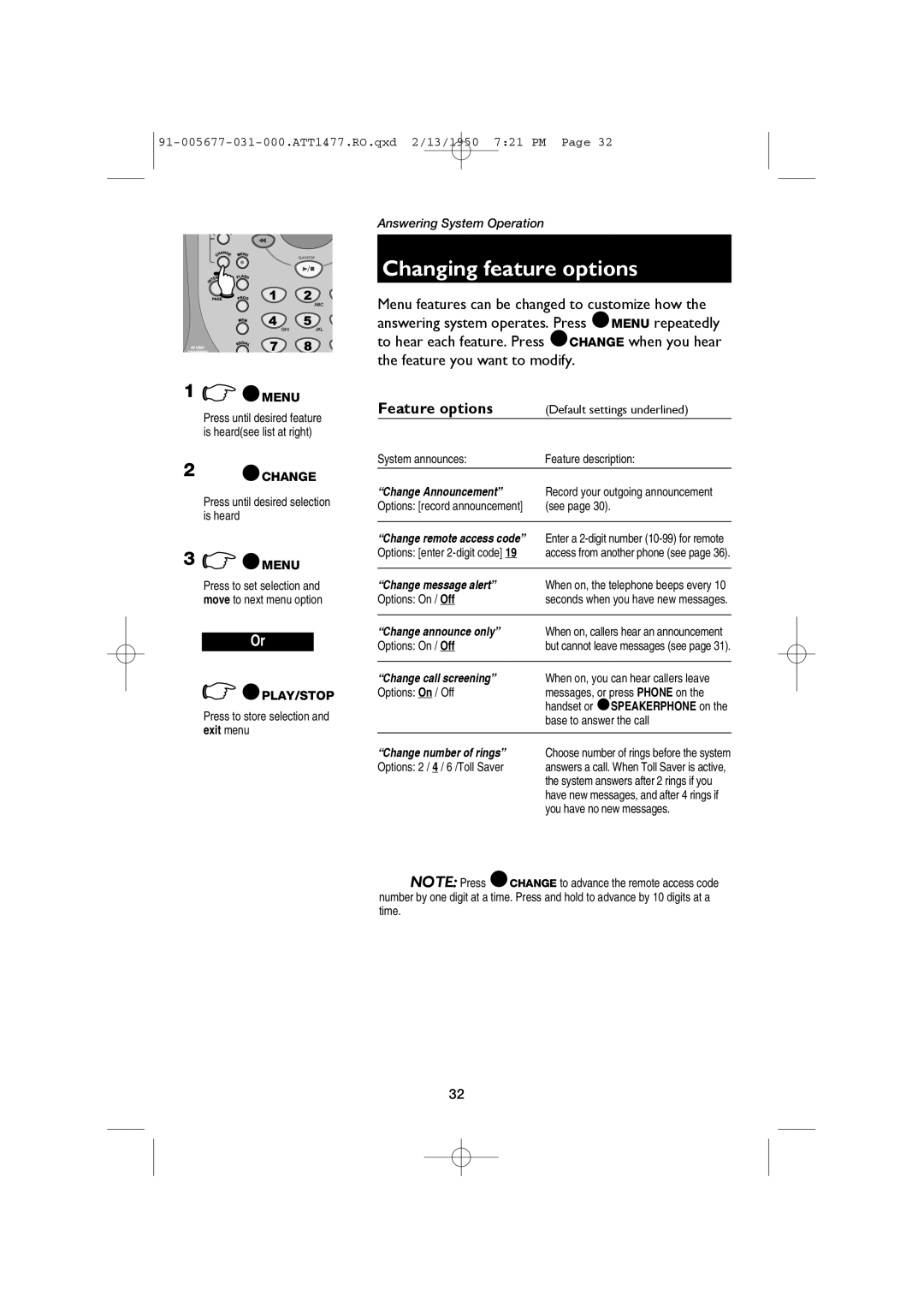 AT&T 1477 user manual Changing feature options, Feature options 