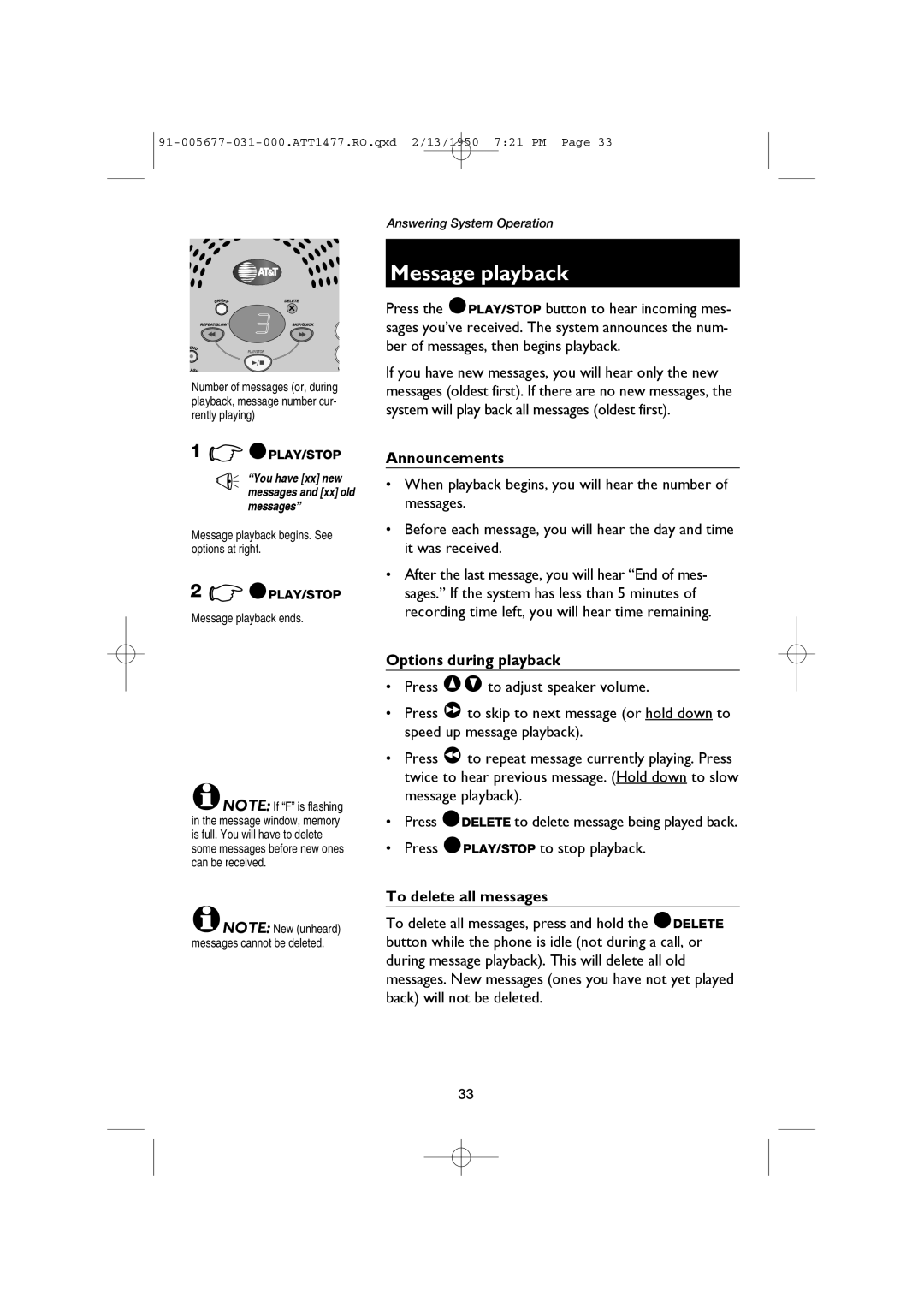 AT&T 1477 user manual Announcements, Options during playback, To delete all messages, Message playback ends 