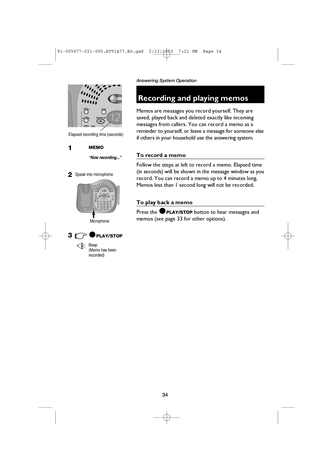 AT&T 1477 Recording and playing memos, To record a memo, To play back a memo, Speak into microphone Microphone, Beep 