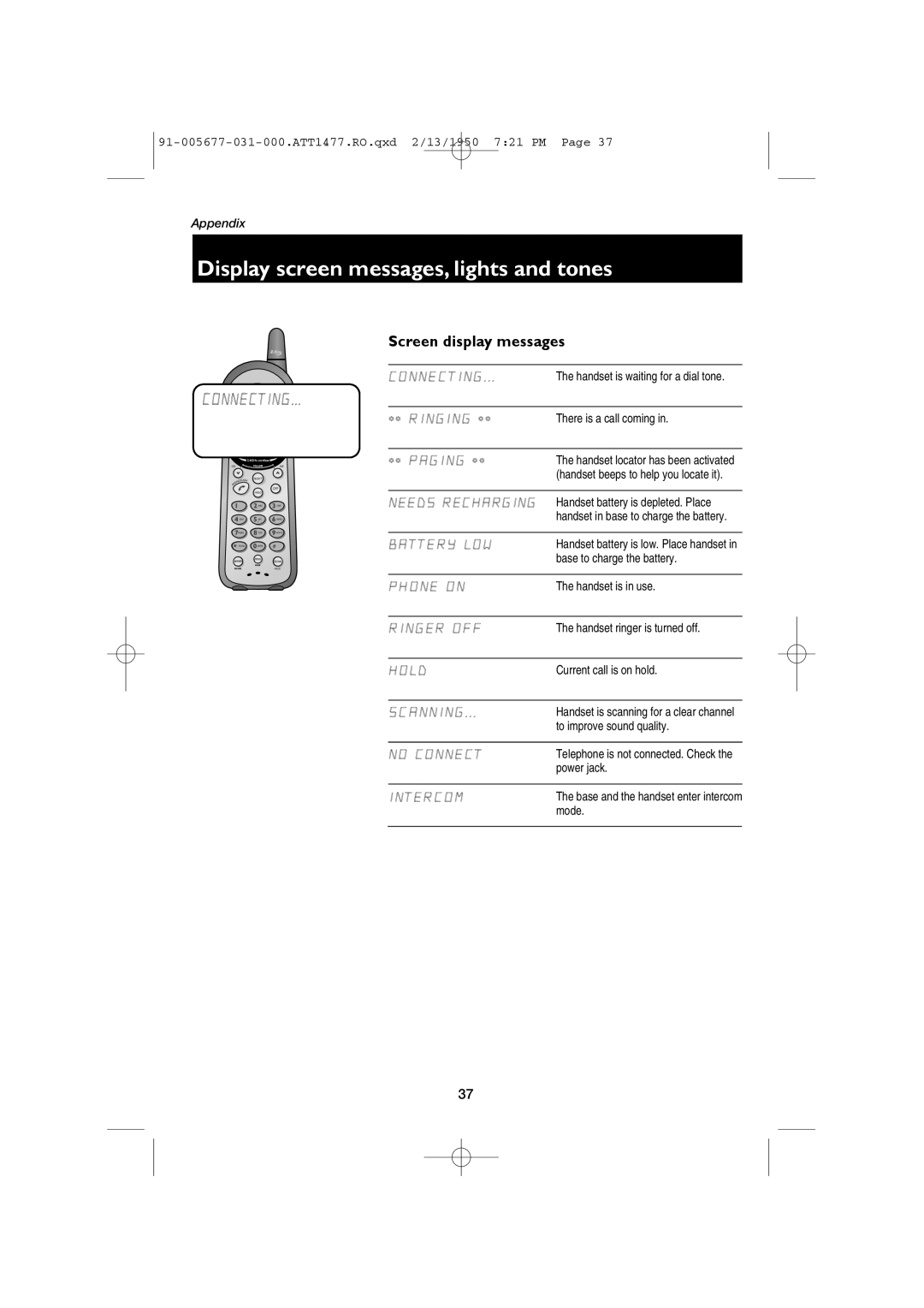 AT&T 1477 user manual Display screen messages, lights and tones, Screen display messages, Connecting 