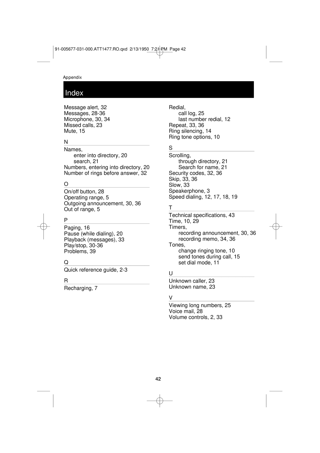 AT&T 1477 user manual Index 