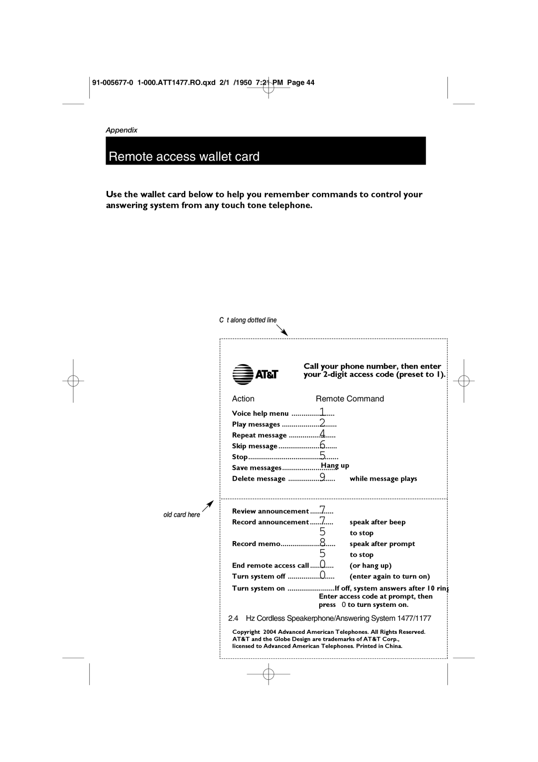 AT&T 1477 user manual Remote access wallet card, Cut along dotted line, Fold card here 