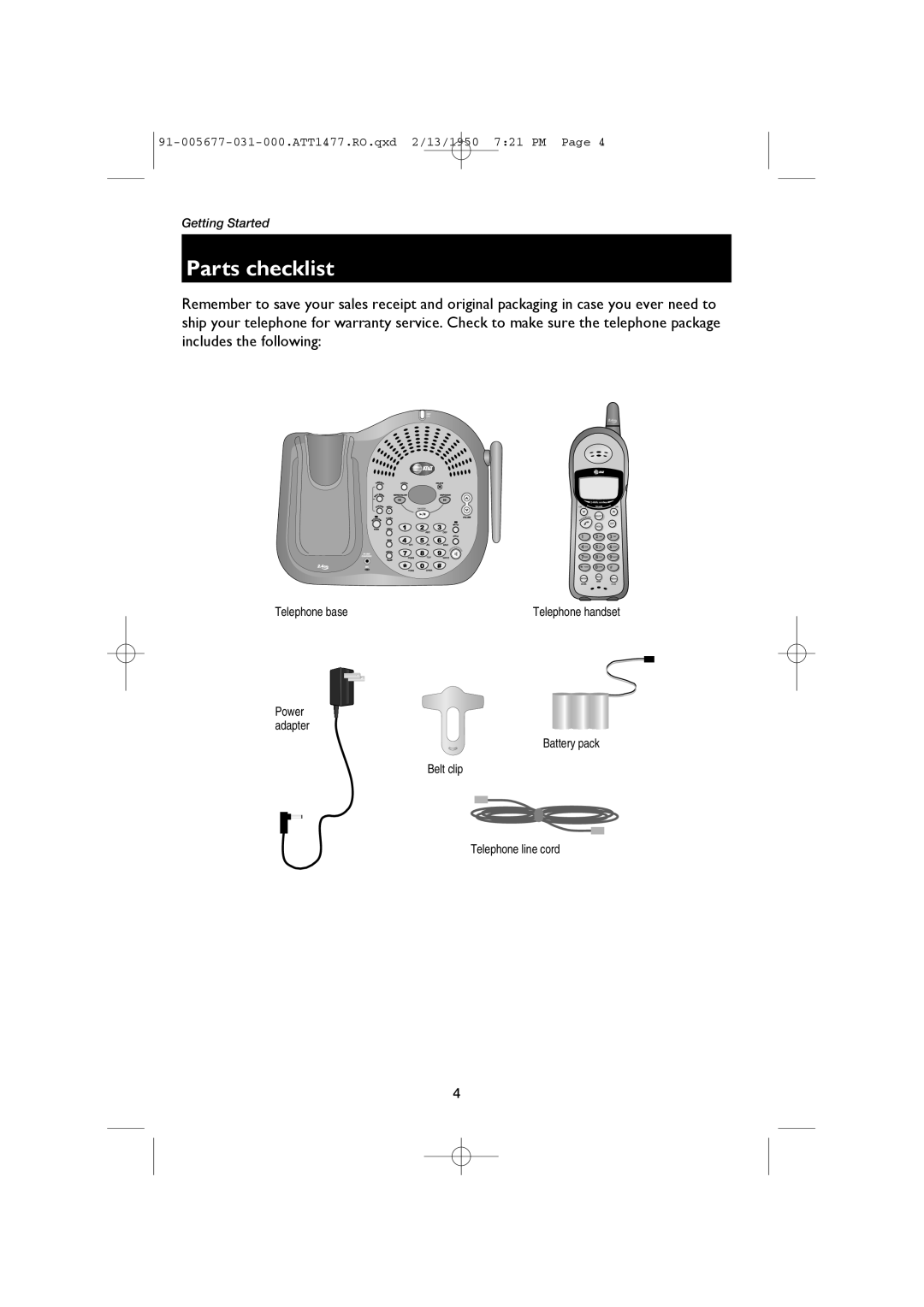 AT&T 1477 user manual Parts checklist, Telephone base, Power adapter Battery pack Belt clip Telephone line cord 